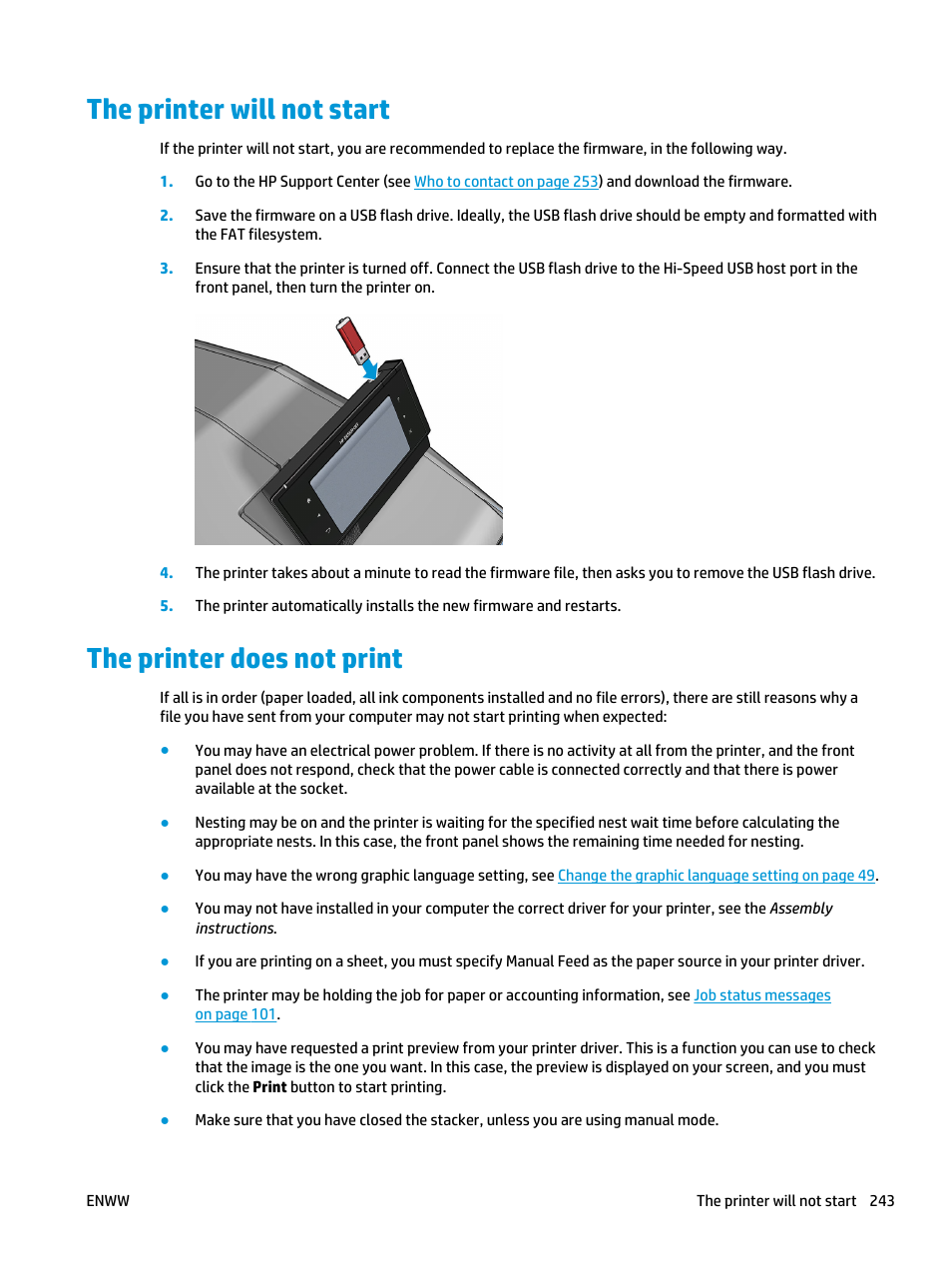 The printer will not start, The printer does not print | HP Designjet T3500 Production eMFP User Manual | Page 253 / 278