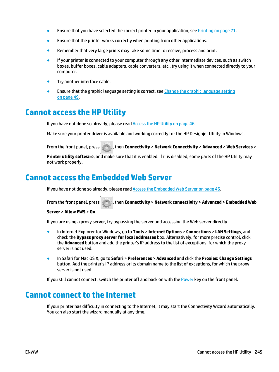 Cannot access the hp utility, Cannot access the embedded web server, Cannot connect to the internet | Cannot access the hp | HP Designjet T3500 Production eMFP User Manual | Page 255 / 278