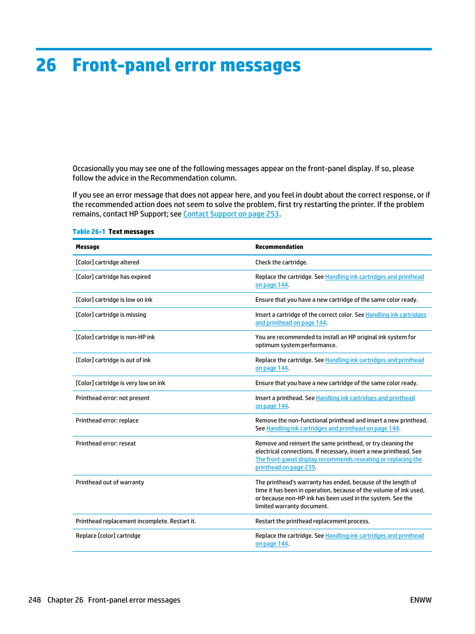 Front-panel error messages, 26 front-panel error messages | HP Designjet T3500 Production eMFP User Manual | Page 258 / 278