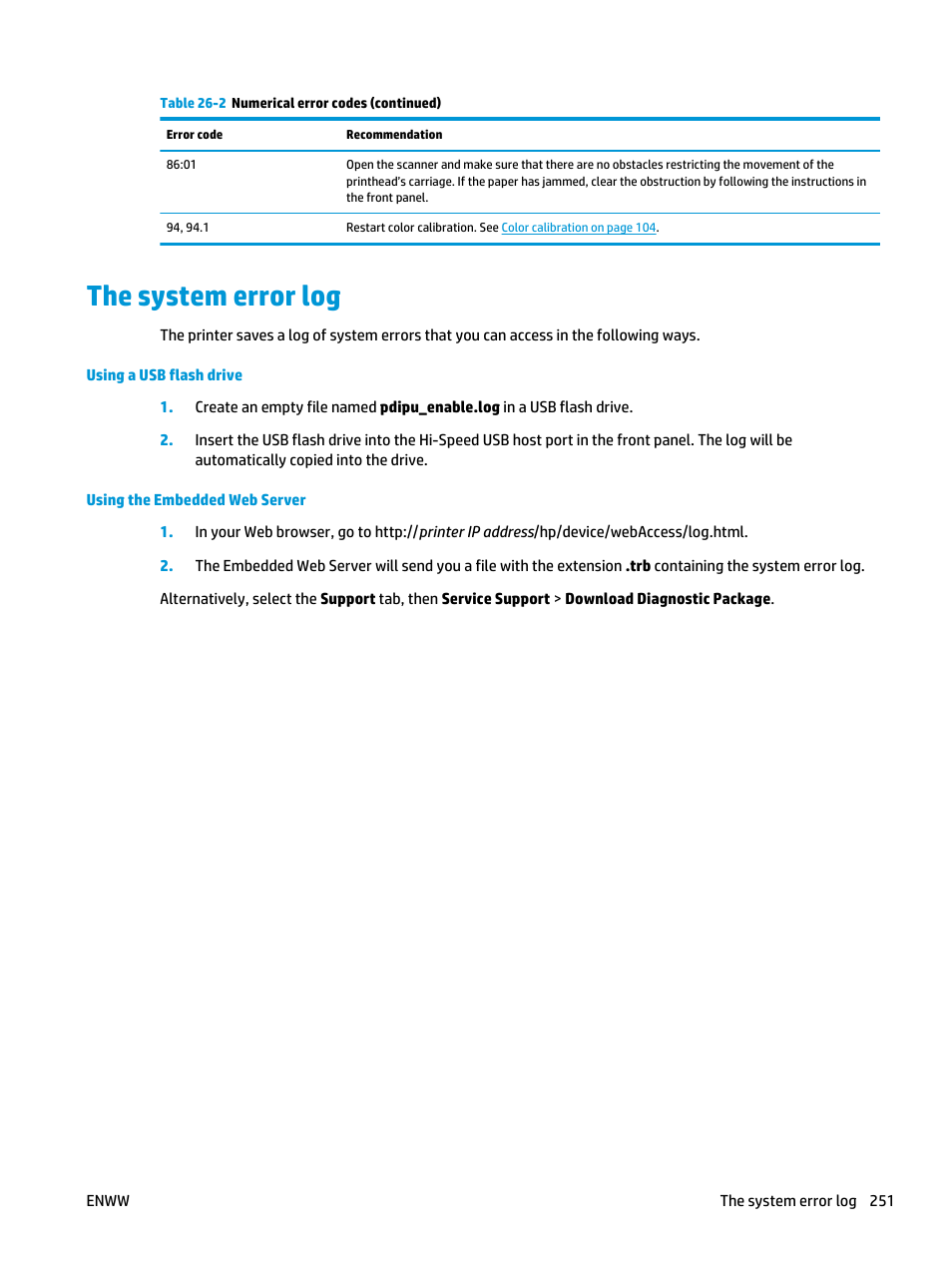 The system error log | HP Designjet T3500 Production eMFP User Manual | Page 261 / 278