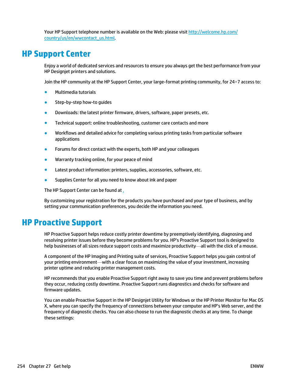 Hp support center, Hp proactive support, Hp support center hp proactive support | HP Designjet T3500 Production eMFP User Manual | Page 264 / 278
