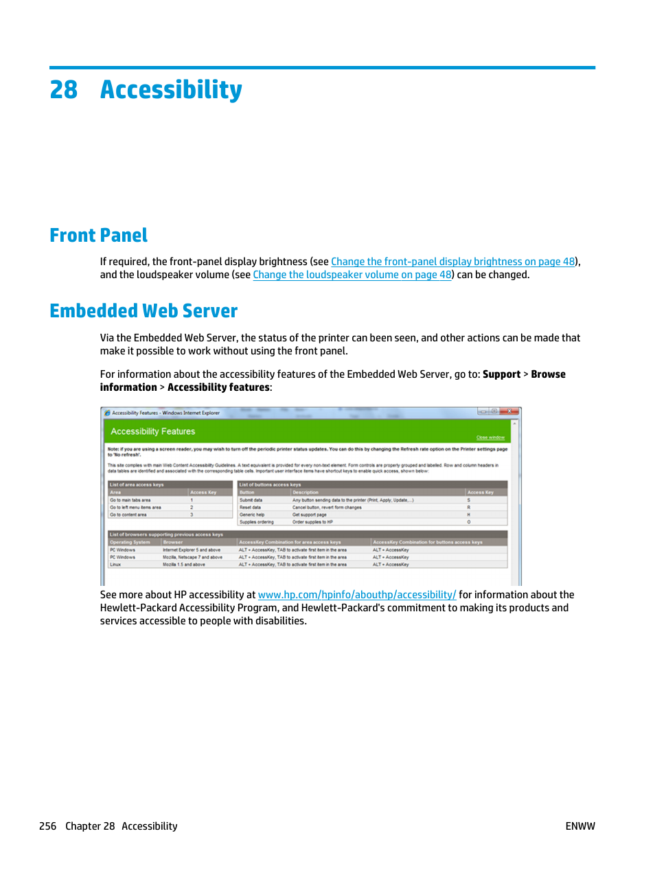 Accessibility, Front panel, Embedded web server | 28 accessibility | HP Designjet T3500 Production eMFP User Manual | Page 266 / 278