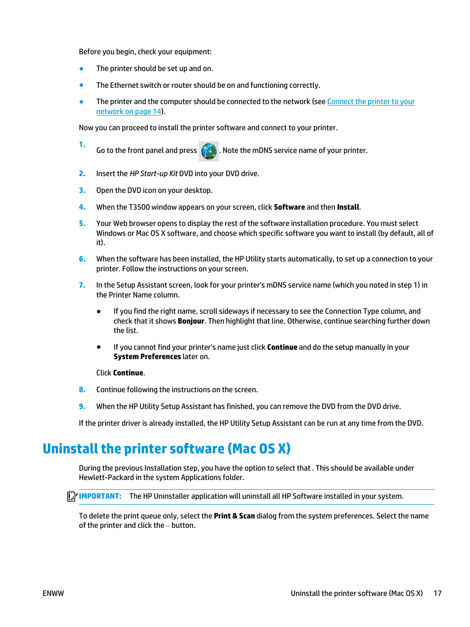 Uninstall the printer software (mac os x) | HP Designjet T3500 Production eMFP User Manual | Page 27 / 278