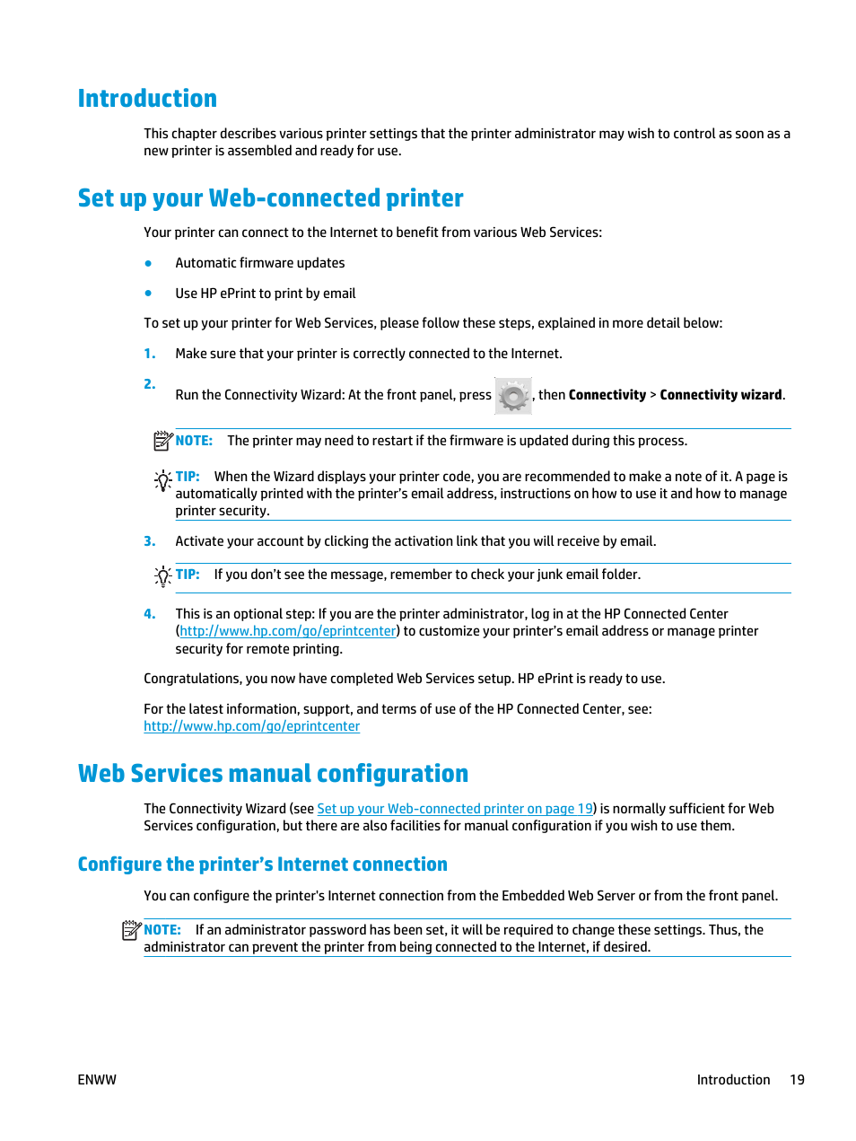Introduction, Set up your web-connected printer, Web services manual configuration | Configure the printer’s internet connection | HP Designjet T3500 Production eMFP User Manual | Page 29 / 278