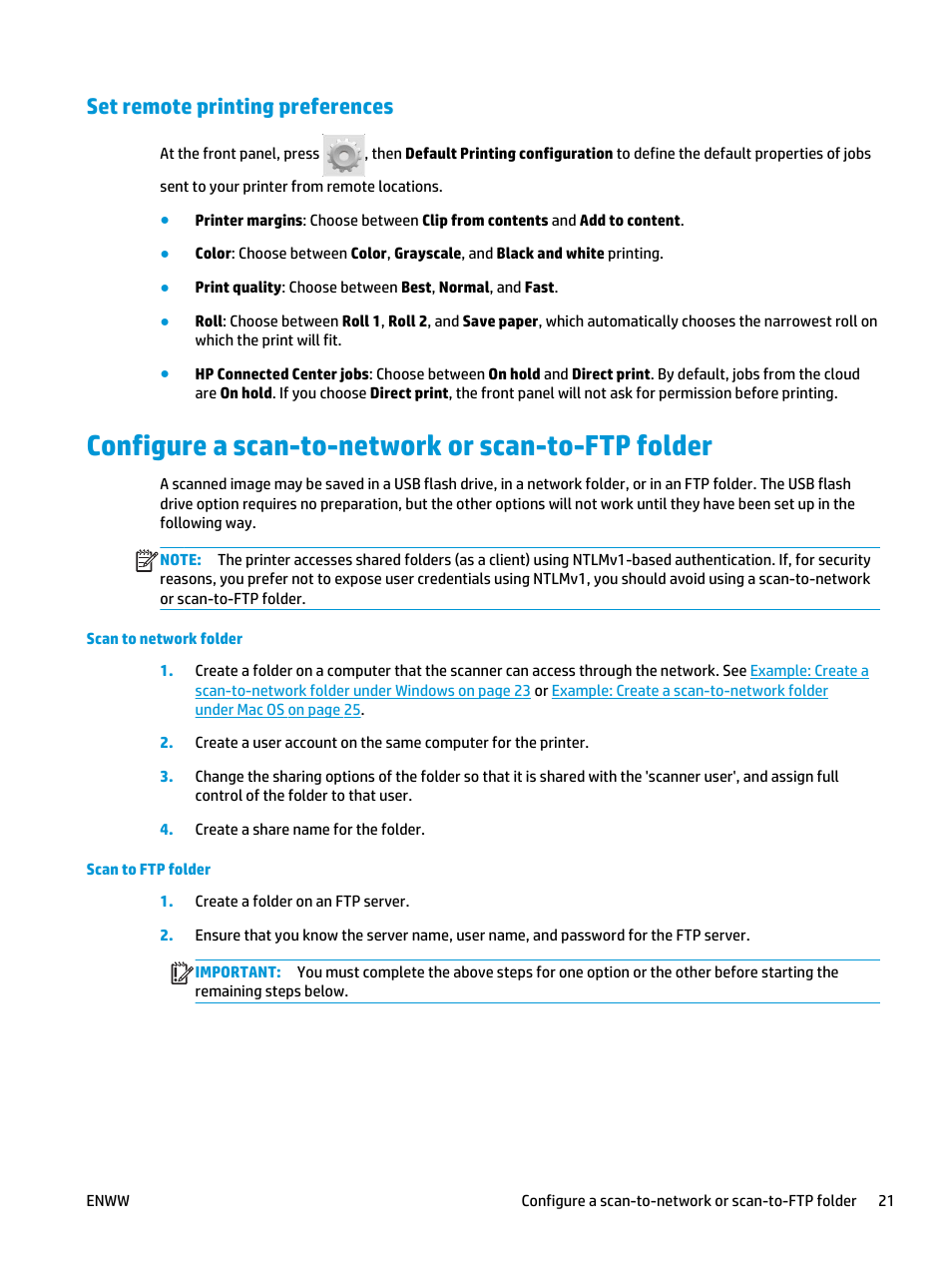 Set remote printing preferences, Configure a scan-to-network or scan-to-ftp folder | HP Designjet T3500 Production eMFP User Manual | Page 31 / 278