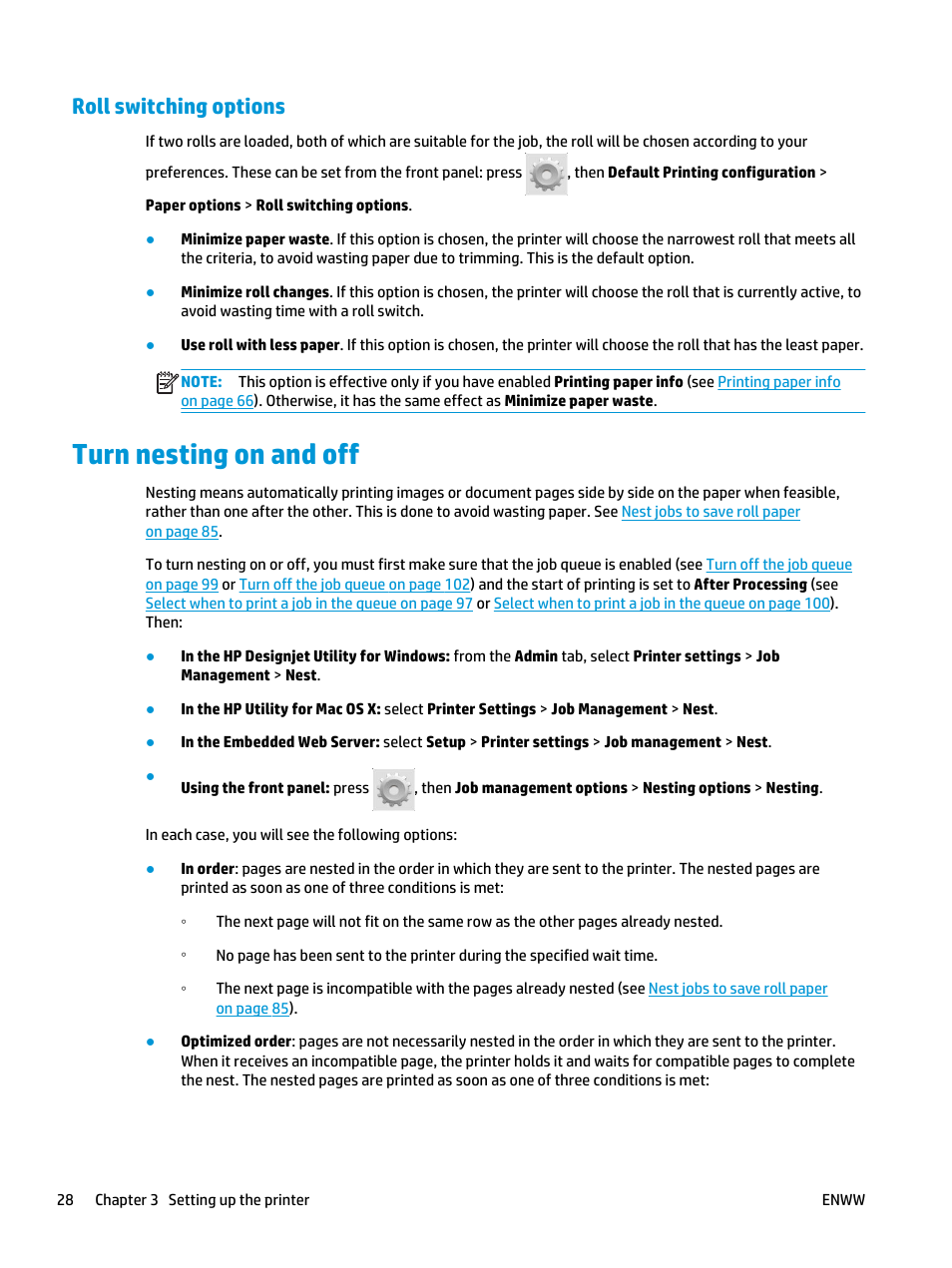 Roll switching options, Turn nesting on and off | HP Designjet T3500 Production eMFP User Manual | Page 38 / 278