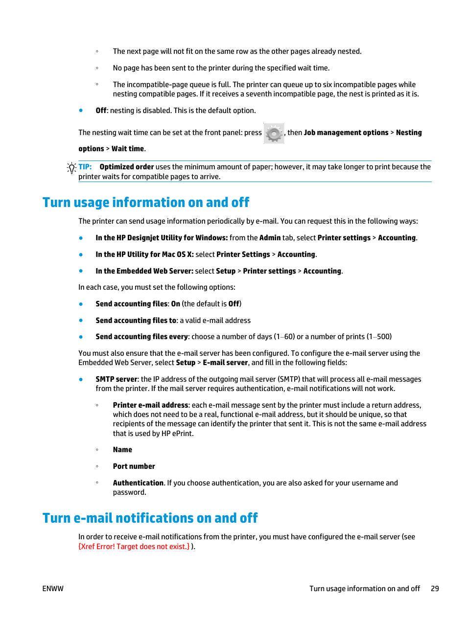 Turn usage information on and off, Turn e-mail notifications on and off | HP Designjet T3500 Production eMFP User Manual | Page 39 / 278