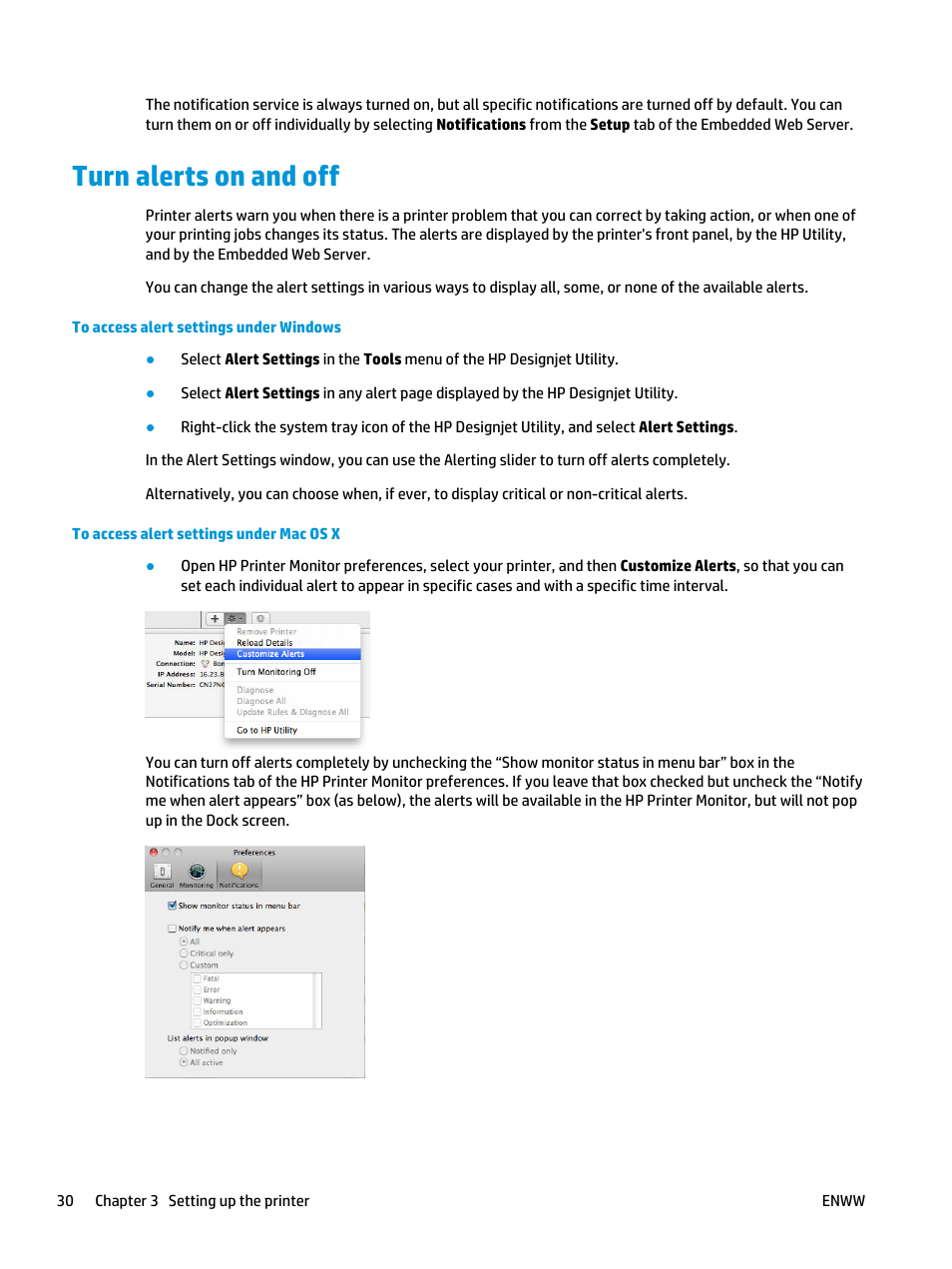 Turn alerts on and off | HP Designjet T3500 Production eMFP User Manual | Page 40 / 278