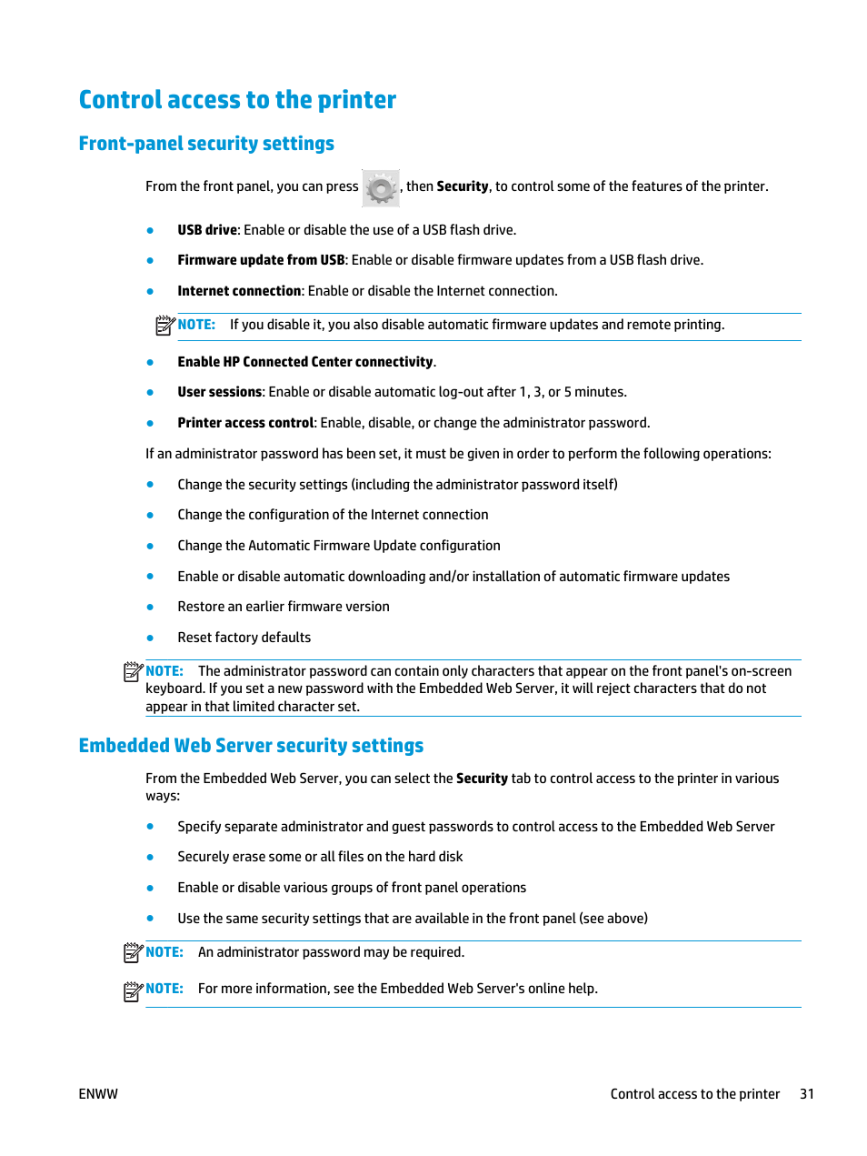 Control access to the printer, Front-panel security settings, Embedded web server security settings | HP Designjet T3500 Production eMFP User Manual | Page 41 / 278