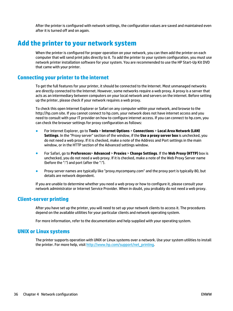 Add the printer to your network system, Connecting your printer to the internet, Client-server printing | Unix or linux systems | HP Designjet T3500 Production eMFP User Manual | Page 46 / 278
