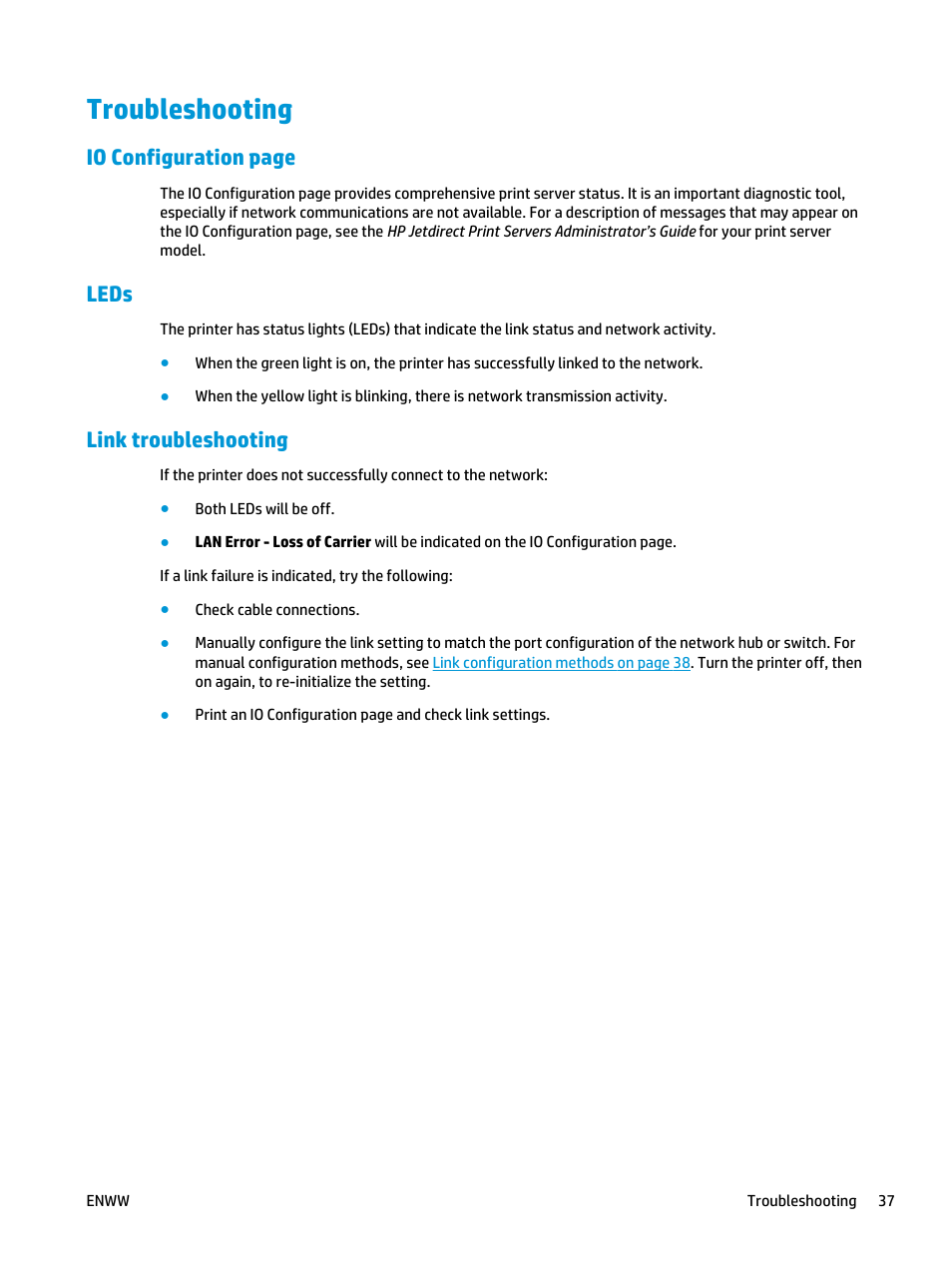 Troubleshooting, Leds, Link troubleshooting | Io configuration page | HP Designjet T3500 Production eMFP User Manual | Page 47 / 278