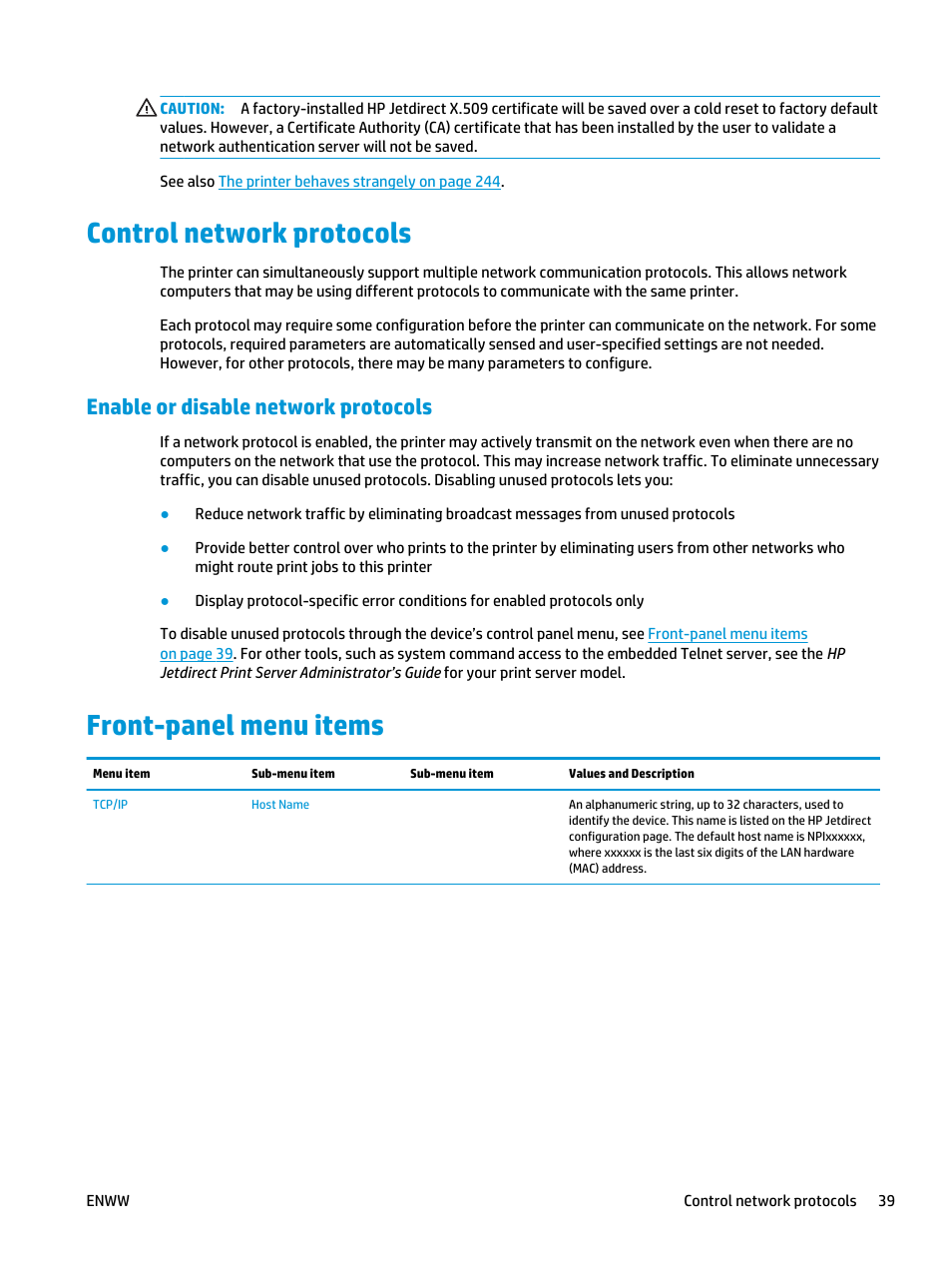 Control network protocols, Enable or disable network protocols, Front-panel menu items | Control network protocols front-panel menu items | HP Designjet T3500 Production eMFP User Manual | Page 49 / 278