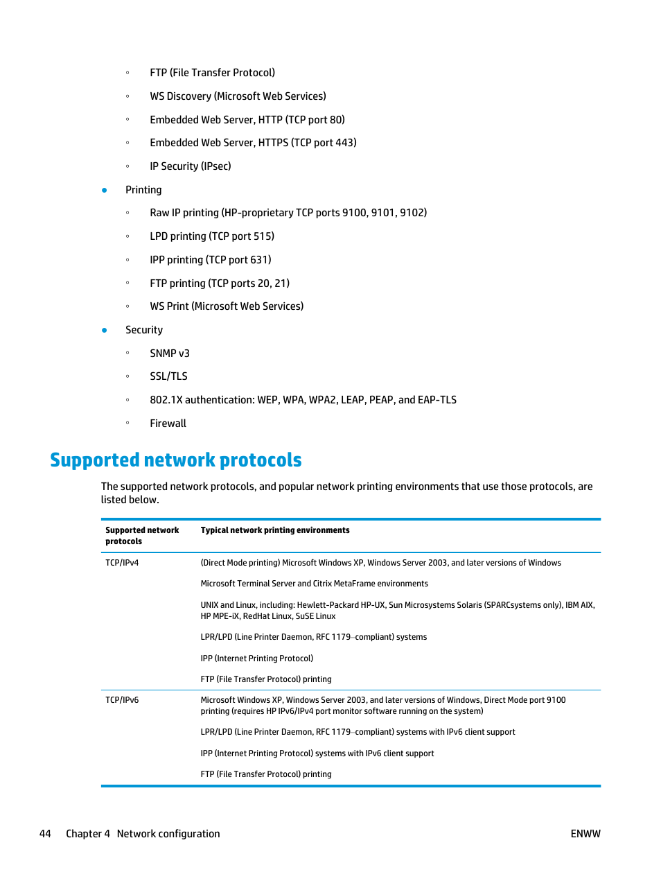 Supported network protocols | HP Designjet T3500 Production eMFP User Manual | Page 54 / 278