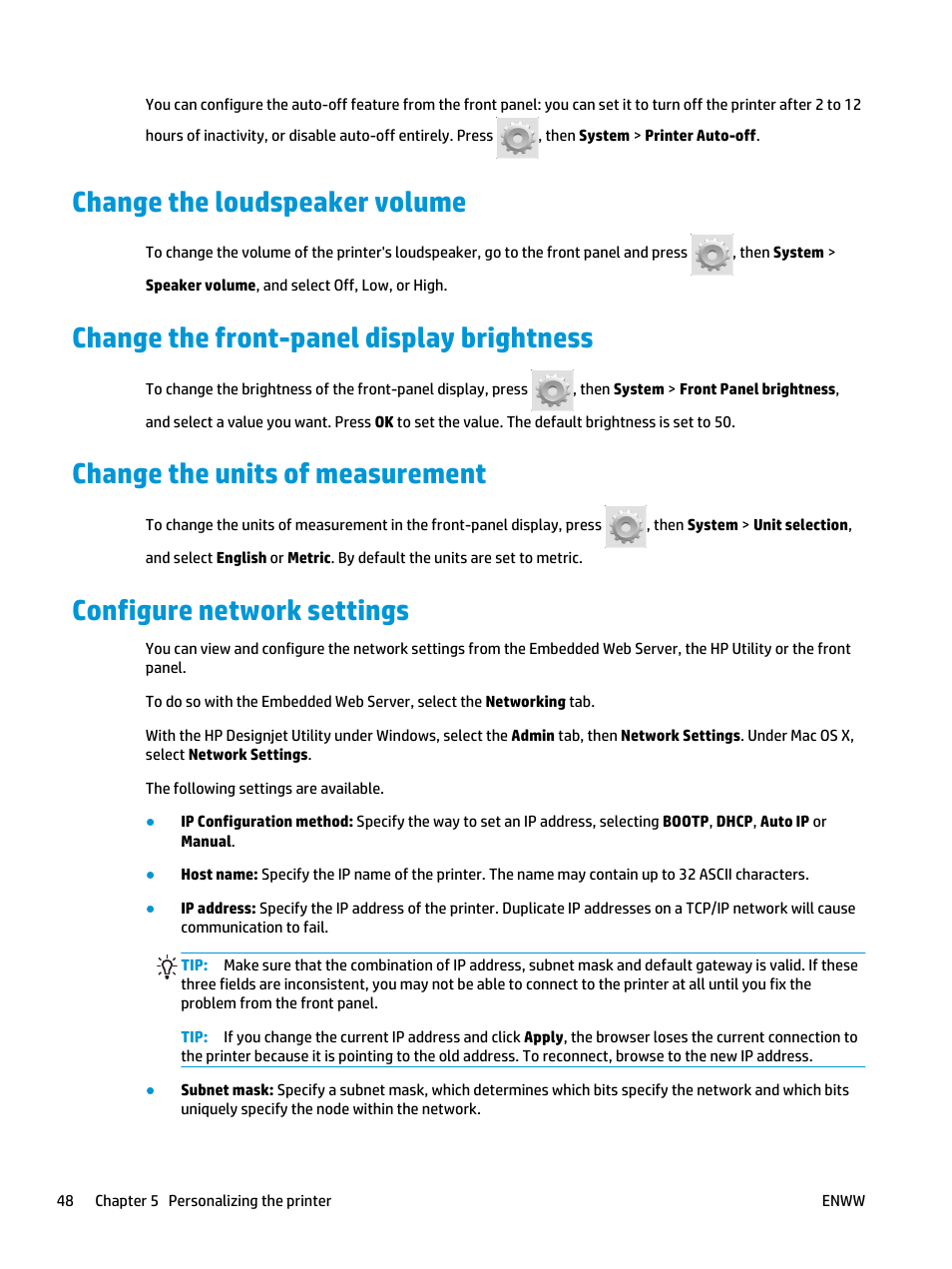 Change the loudspeaker volume, Change the front-panel display brightness, Change the units of measurement | Configure network settings | HP Designjet T3500 Production eMFP User Manual | Page 58 / 278
