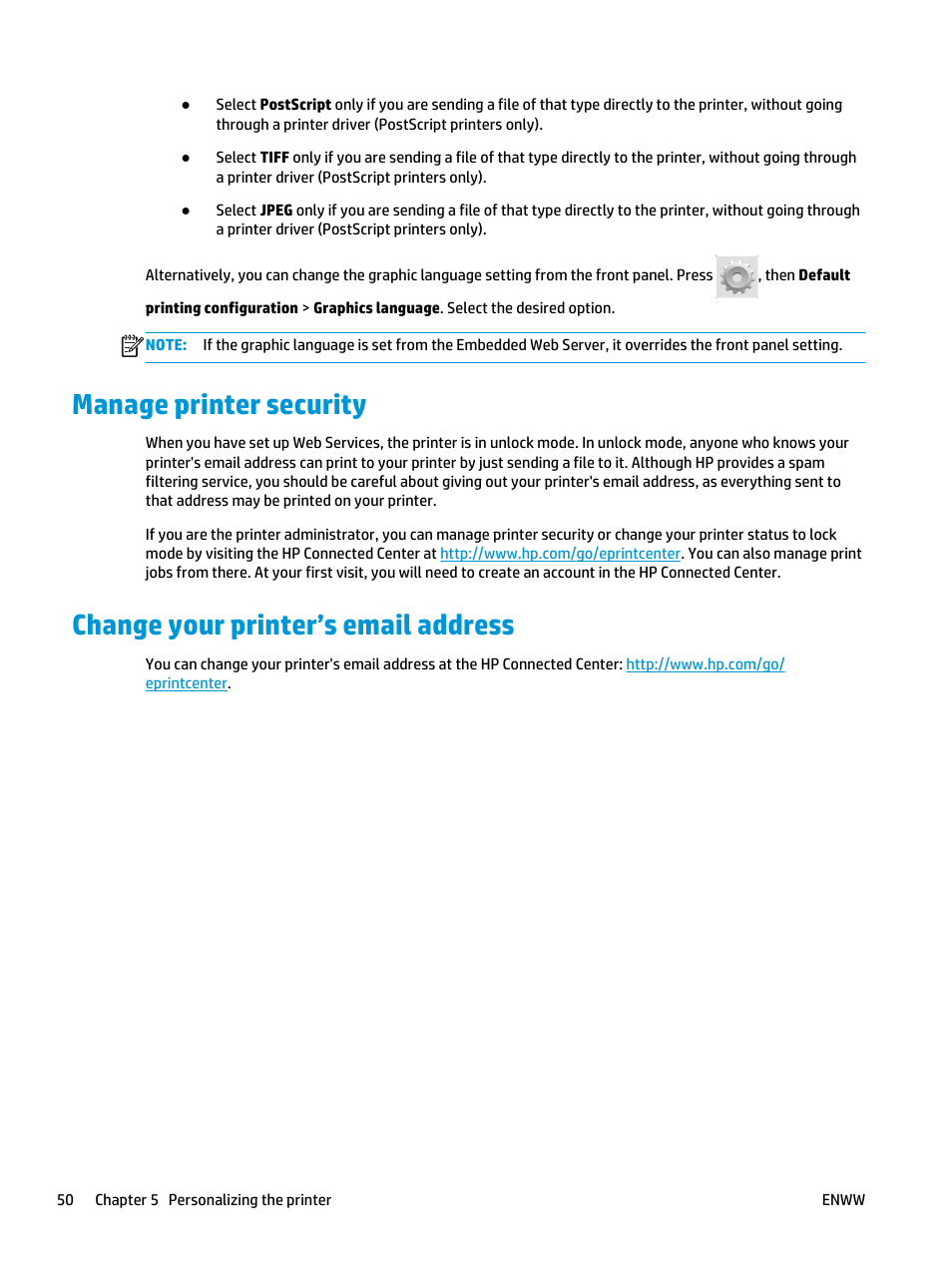 Manage printer security, Change your printer’s email address | HP Designjet T3500 Production eMFP User Manual | Page 60 / 278
