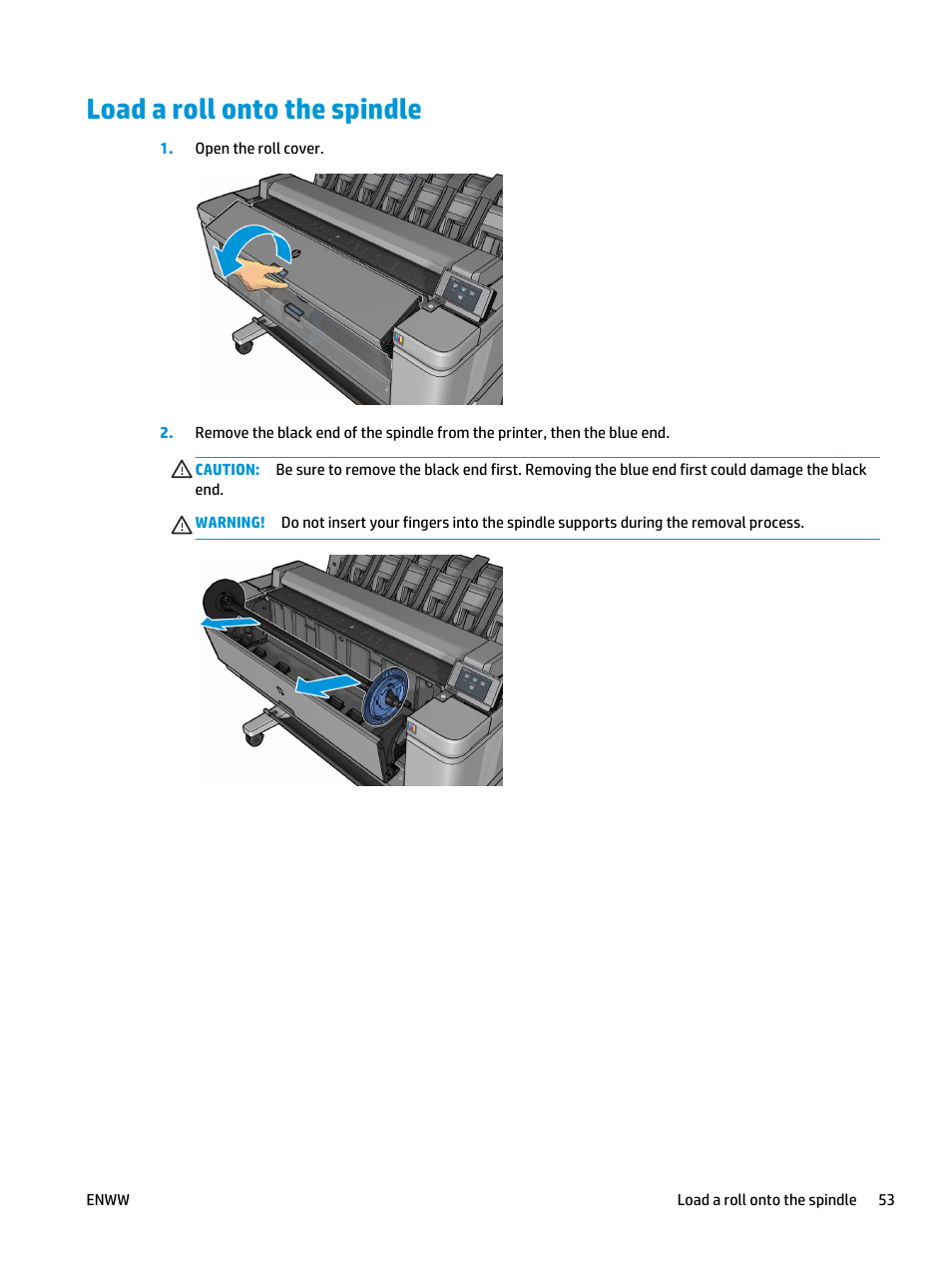 Load a roll onto the spindle | HP Designjet T3500 Production eMFP User Manual | Page 63 / 278