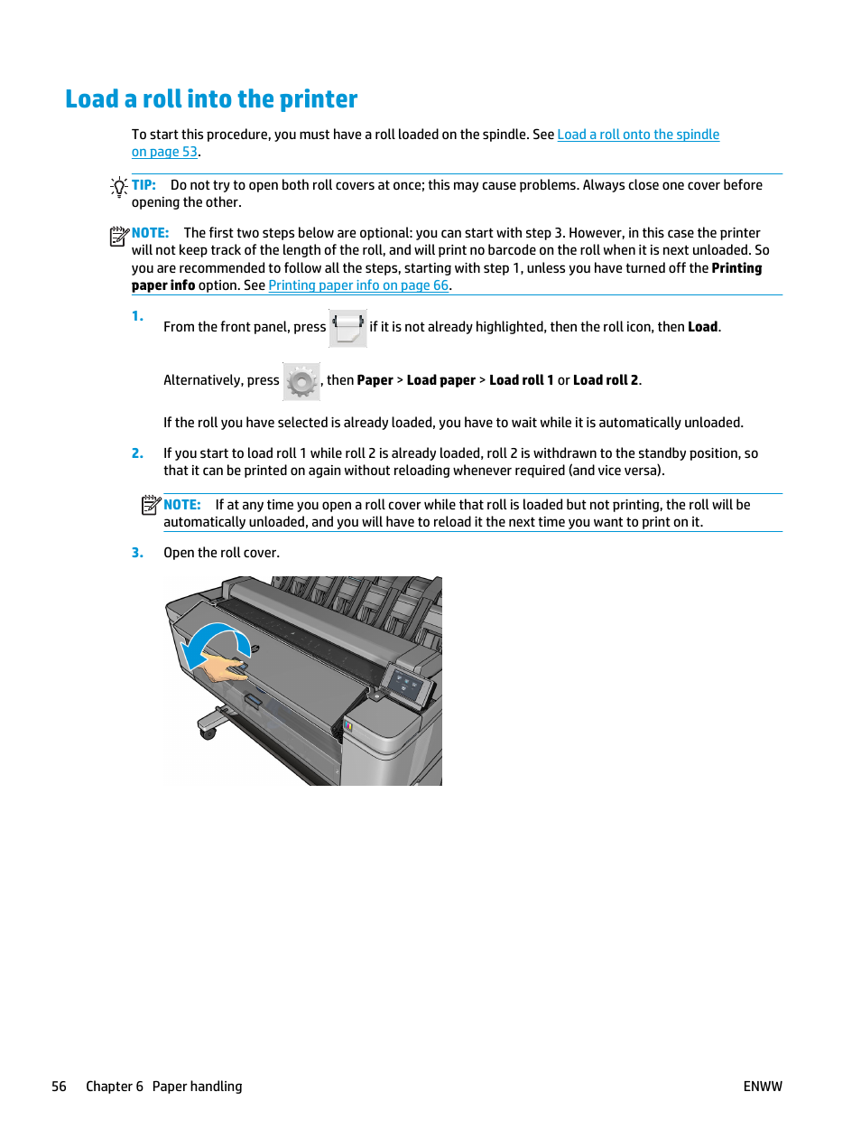 Load a roll into the printer | HP Designjet T3500 Production eMFP User Manual | Page 66 / 278