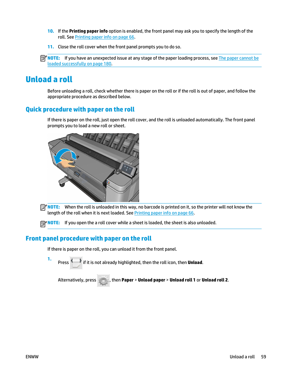 Unload a roll, Quick procedure with paper on the roll, Front panel procedure with paper on the roll | HP Designjet T3500 Production eMFP User Manual | Page 69 / 278