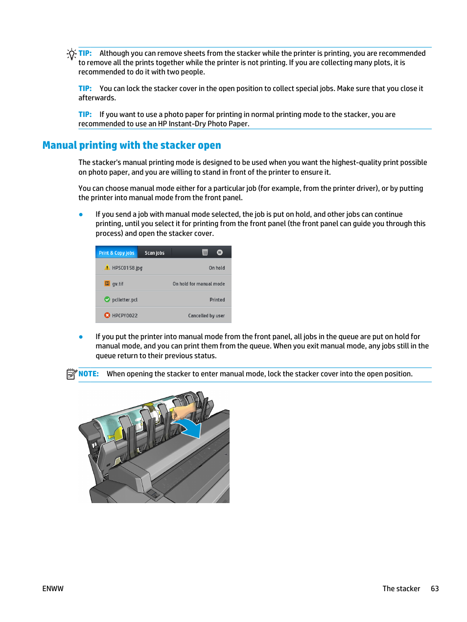 Manual printing with the stacker open | HP Designjet T3500 Production eMFP User Manual | Page 73 / 278
