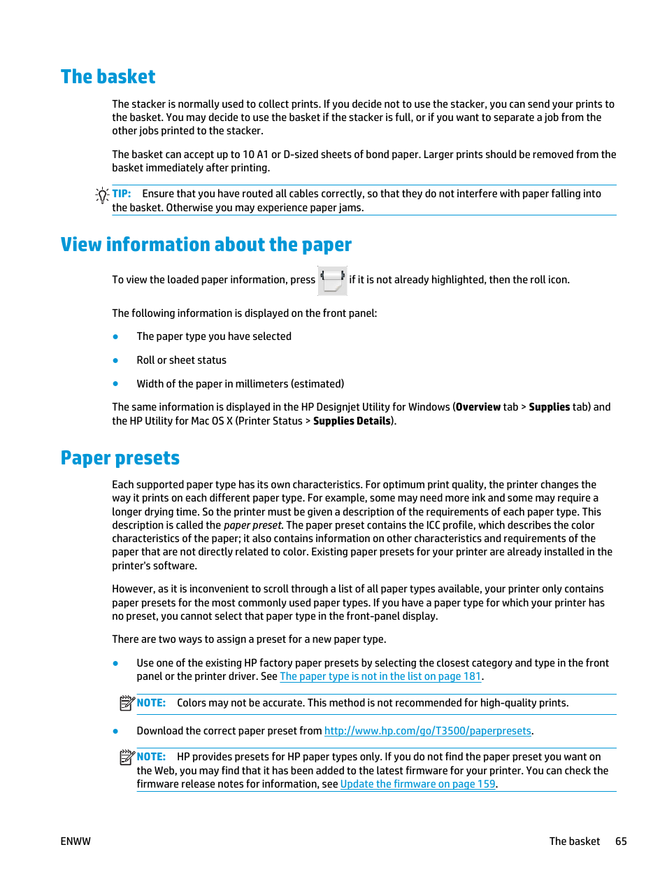 The basket, View information about the paper, Paper presets | HP Designjet T3500 Production eMFP User Manual | Page 75 / 278