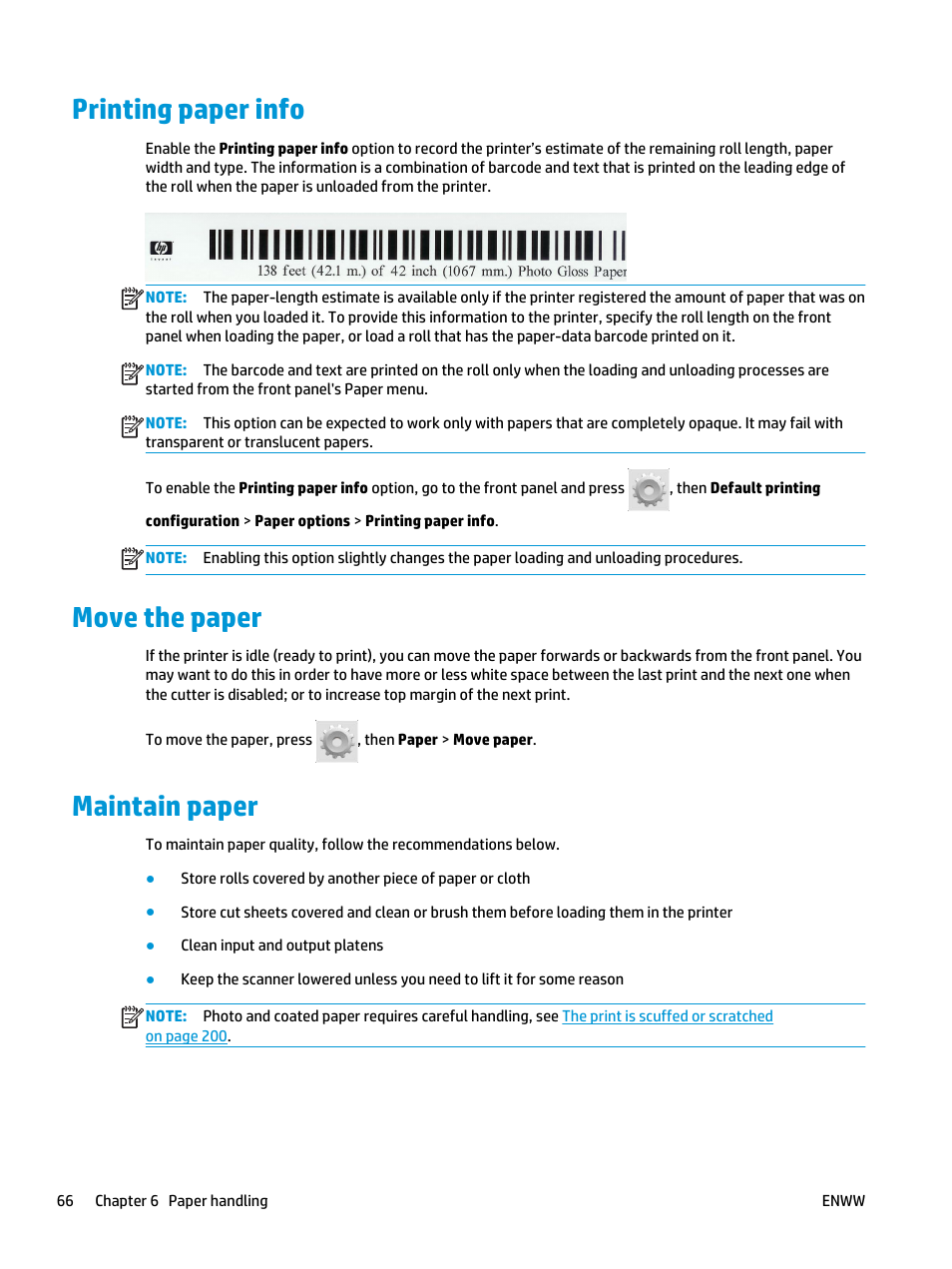 Printing paper info, Move the paper, Maintain paper | Printing paper info move the paper maintain paper, Option. see | HP Designjet T3500 Production eMFP User Manual | Page 76 / 278
