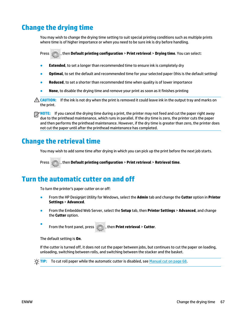 Change the drying time, Change the retrieval time, Turn the automatic cutter on and off | HP Designjet T3500 Production eMFP User Manual | Page 77 / 278