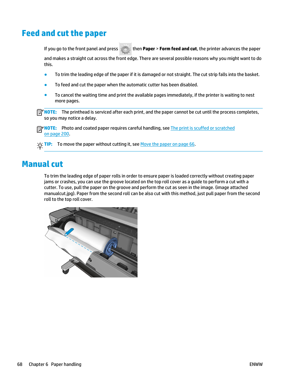 Feed and cut the paper, Manual cut, Feed and cut the paper manual cut | HP Designjet T3500 Production eMFP User Manual | Page 78 / 278