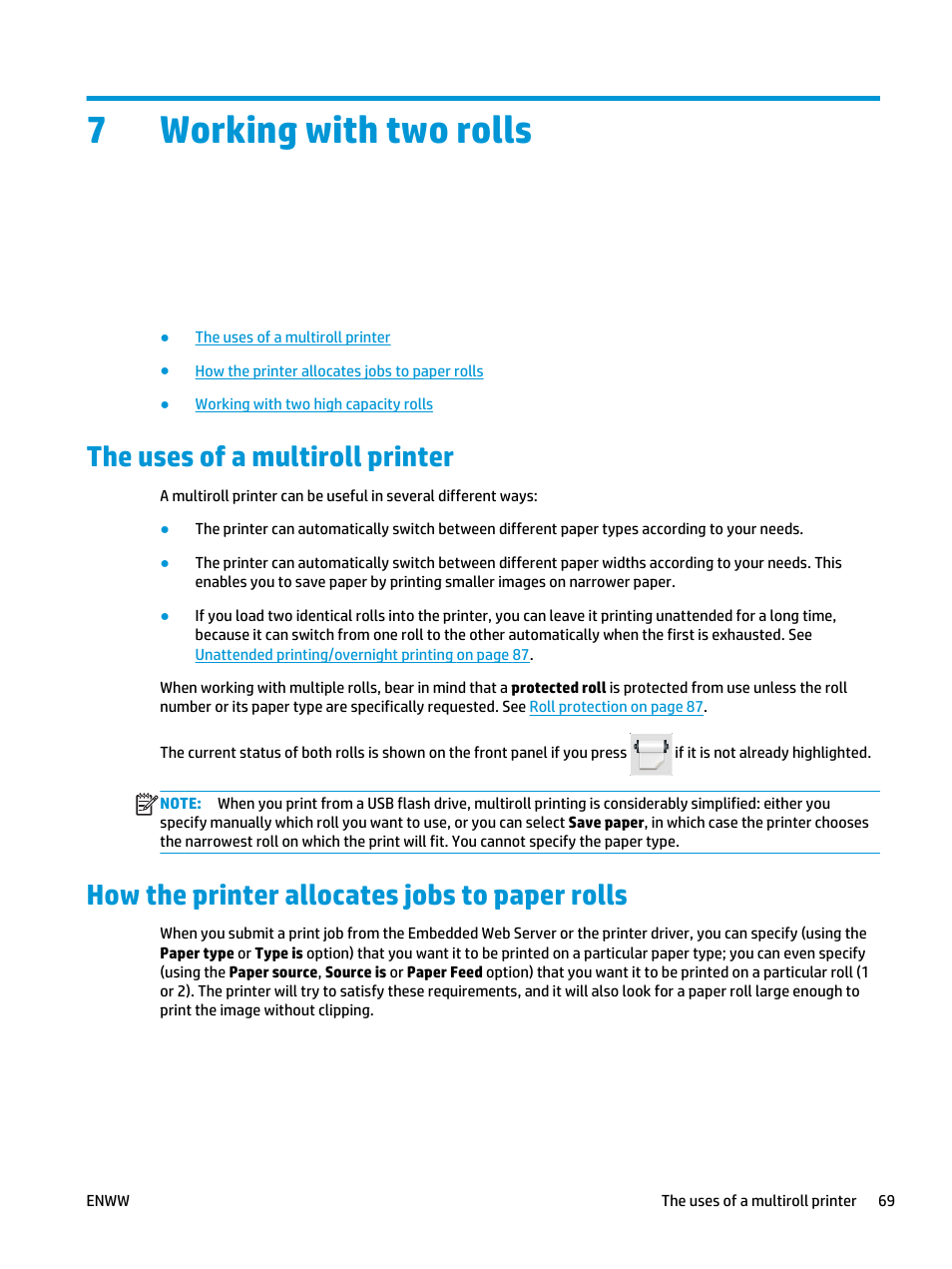 Working with two rolls, The uses of a multiroll printer, How the printer allocates jobs to paper rolls | 7 working with two rolls, 7working with two rolls | HP Designjet T3500 Production eMFP User Manual | Page 79 / 278