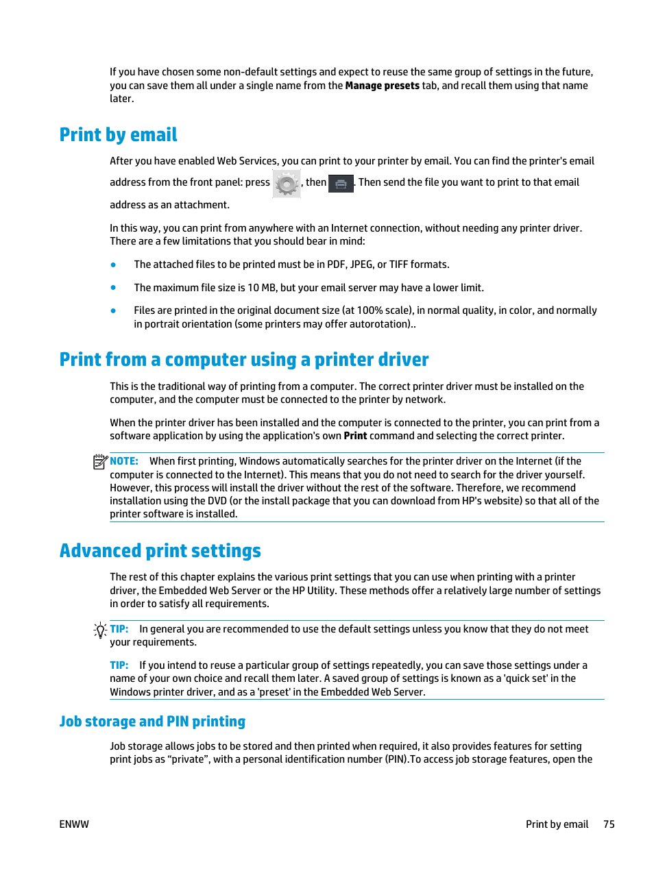 Print by email, Print from a computer using a printer driver, Advanced print settings | Job storage and pin printing, Print from a computer using a | HP Designjet T3500 Production eMFP User Manual | Page 85 / 278