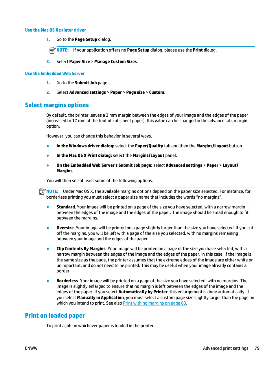 Select margins options, Print on loaded paper | HP Designjet T3500 Production eMFP User Manual | Page 89 / 278