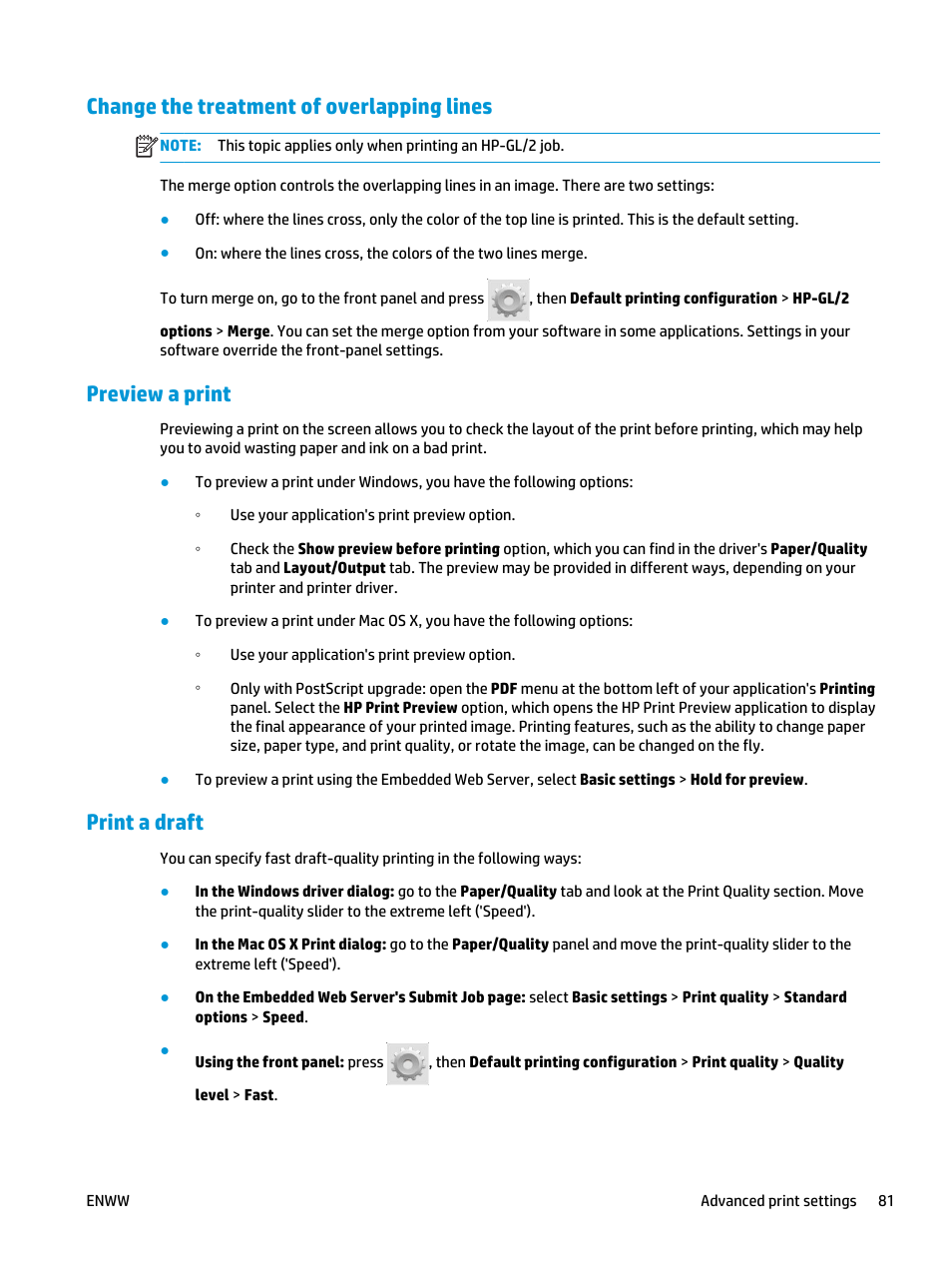 Change the treatment of overlapping lines, Preview a print, Print a draft | HP Designjet T3500 Production eMFP User Manual | Page 91 / 278