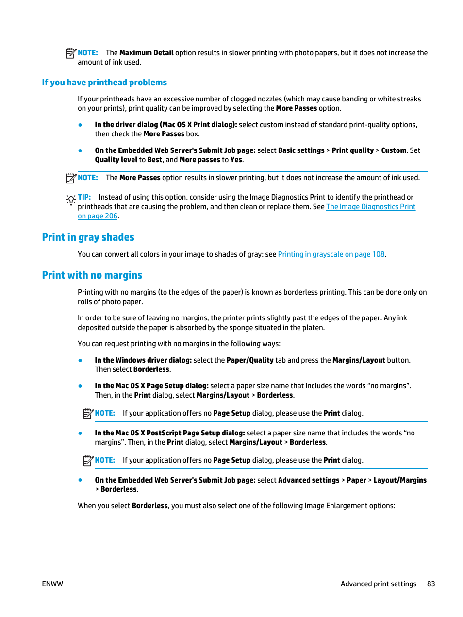If you have printhead problems, Print in gray shades, Print with no margins | HP Designjet T3500 Production eMFP User Manual | Page 93 / 278