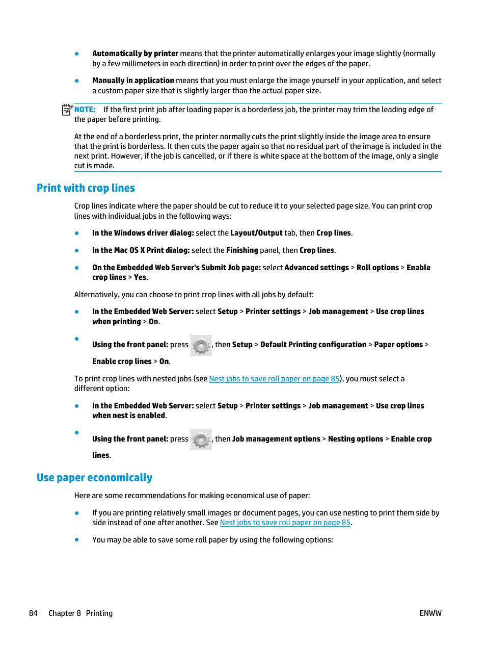 Print with crop lines, Use paper economically, Use paper | HP Designjet T3500 Production eMFP User Manual | Page 94 / 278