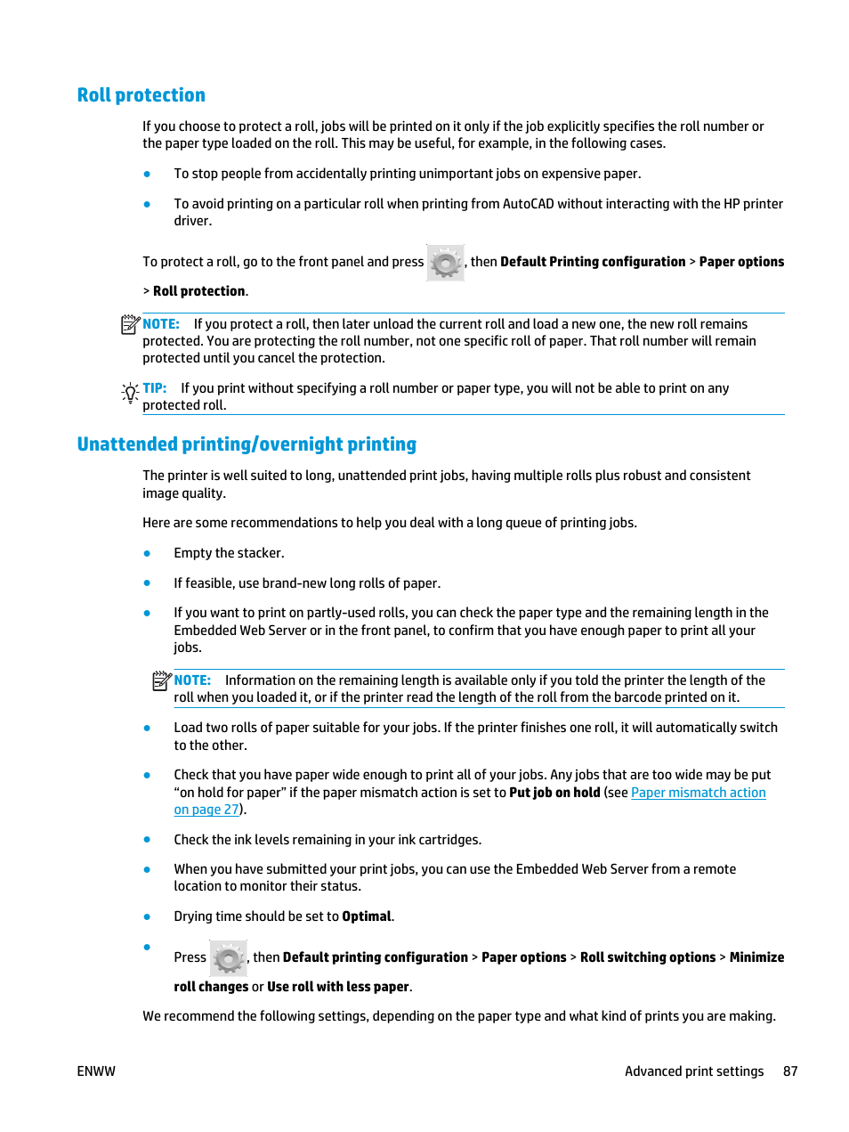 Roll protection, Unattended printing/overnight printing | HP Designjet T3500 Production eMFP User Manual | Page 97 / 278