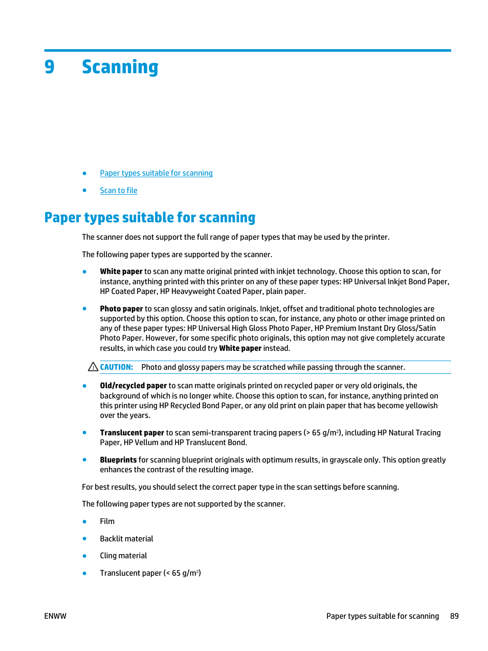 Scanning, Paper types suitable for scanning, 9 scanning | Flash drive. see, 9scanning | HP Designjet T3500 Production eMFP User Manual | Page 99 / 278