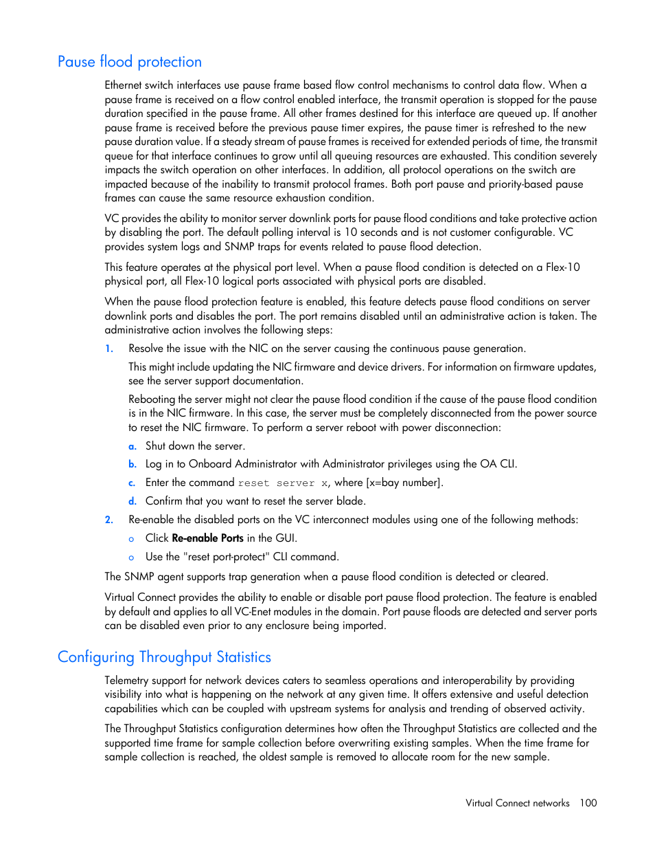 Pause flood protection, Configuring throughput statistics | HP Virtual Connect 4Gb Fibre Channel Module for c-Class BladeSystem User Manual | Page 100 / 308