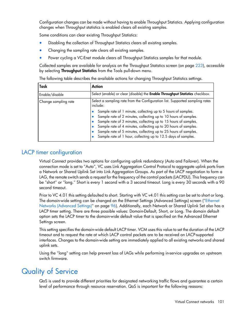 Lacp timer configuration, Quality of service | HP Virtual Connect 4Gb Fibre Channel Module for c-Class BladeSystem User Manual | Page 101 / 308