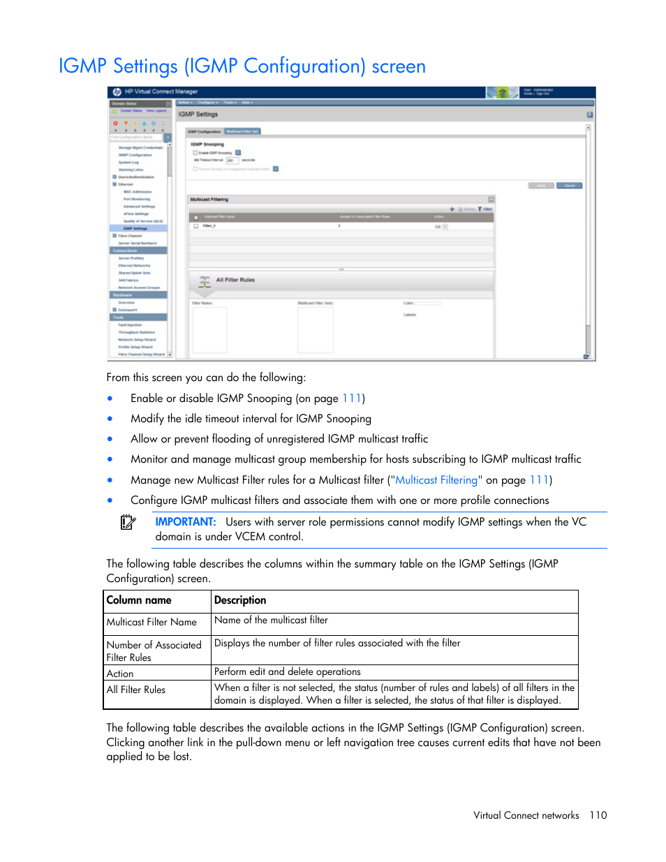 Igmp settings (igmp configuration) screen | HP Virtual Connect 4Gb Fibre Channel Module for c-Class BladeSystem User Manual | Page 110 / 308