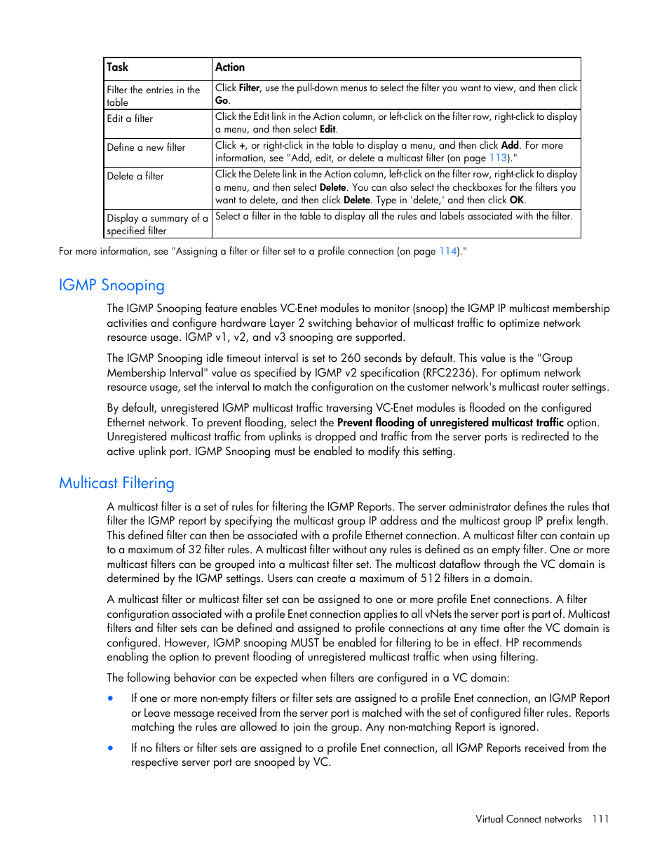 Igmp snooping, Multicast filtering | HP Virtual Connect 4Gb Fibre Channel Module for c-Class BladeSystem User Manual | Page 111 / 308