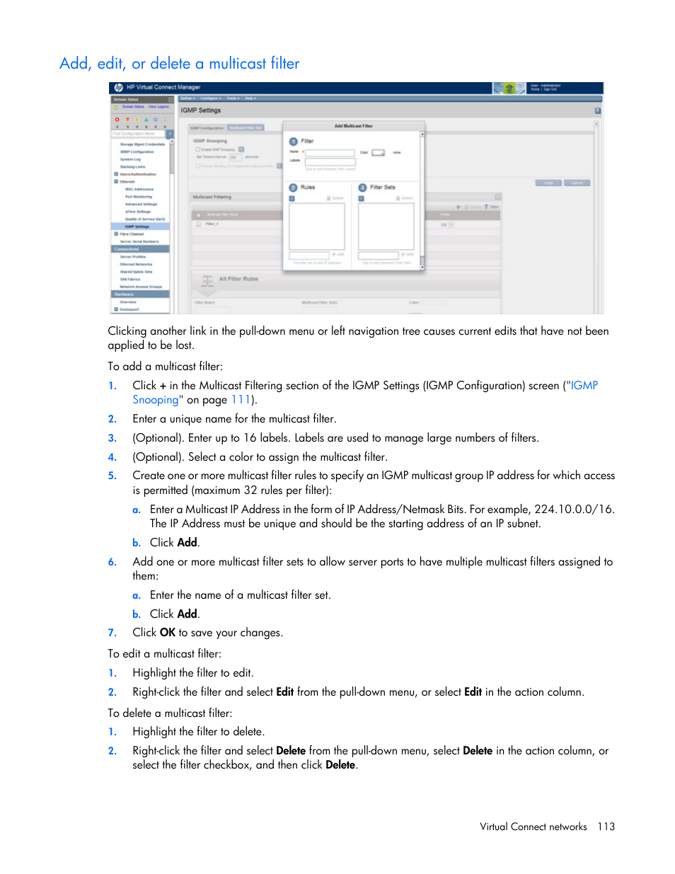 Add, edit, or delete a multicast filter | HP Virtual Connect 4Gb Fibre Channel Module for c-Class BladeSystem User Manual | Page 113 / 308
