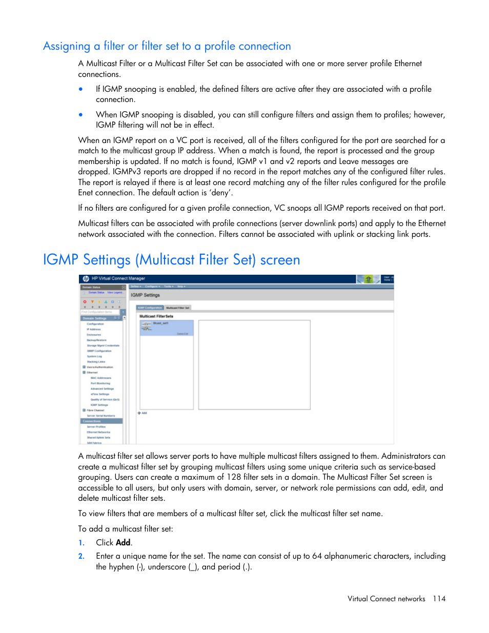 Igmp settings (multicast filter set) screen | HP Virtual Connect 4Gb Fibre Channel Module for c-Class BladeSystem User Manual | Page 114 / 308