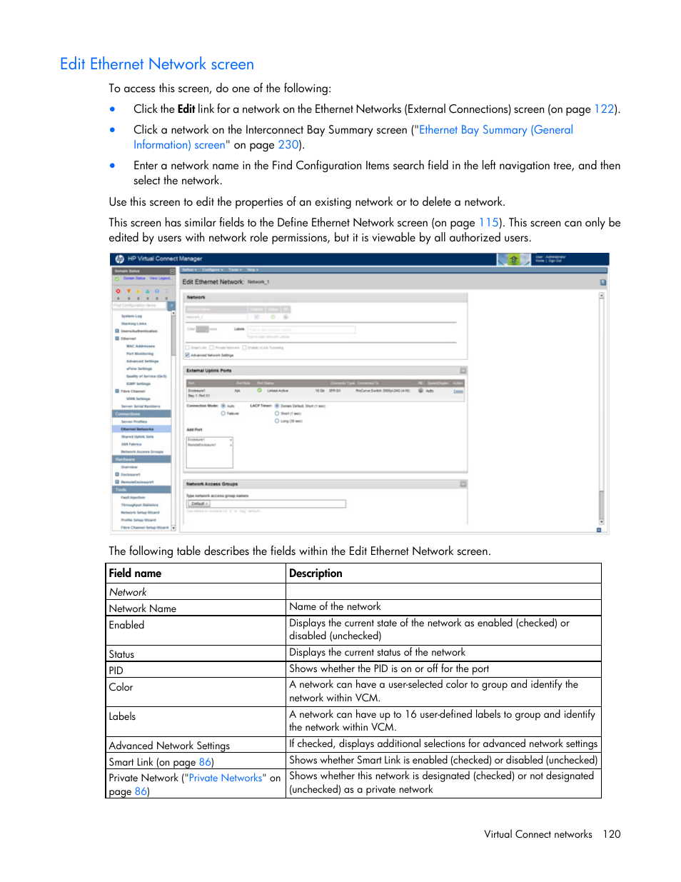 Edit ethernet network screen | HP Virtual Connect 4Gb Fibre Channel Module for c-Class BladeSystem User Manual | Page 120 / 308