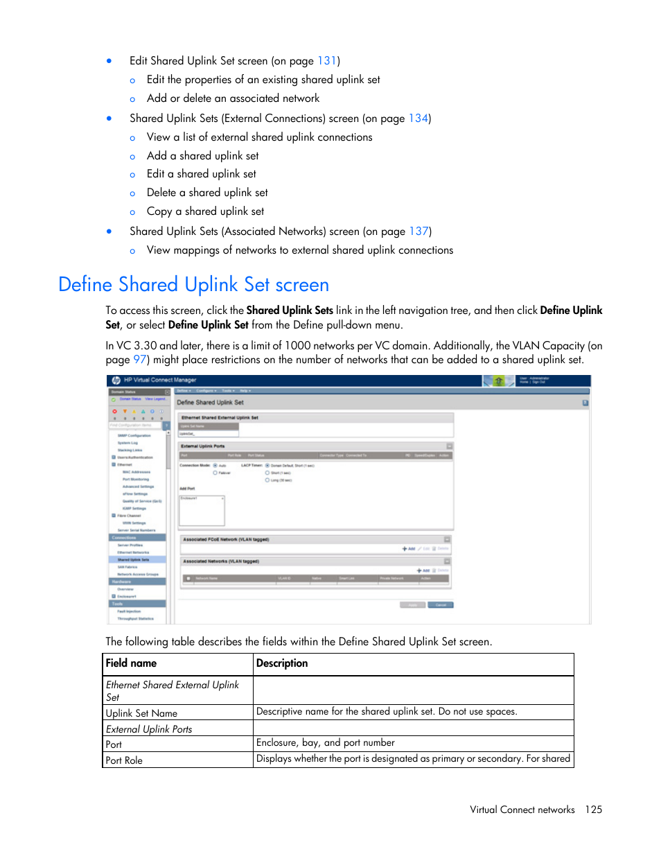 Define shared uplink set screen | HP Virtual Connect 4Gb Fibre Channel Module for c-Class BladeSystem User Manual | Page 125 / 308