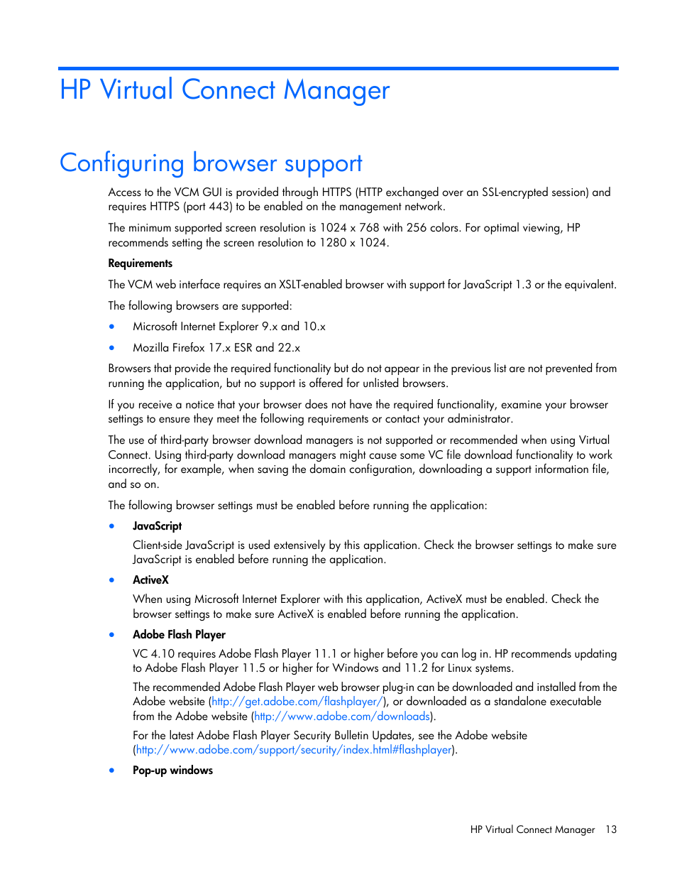 Hp virtual connect manager, Configuring browser support | HP Virtual Connect 4Gb Fibre Channel Module for c-Class BladeSystem User Manual | Page 13 / 308