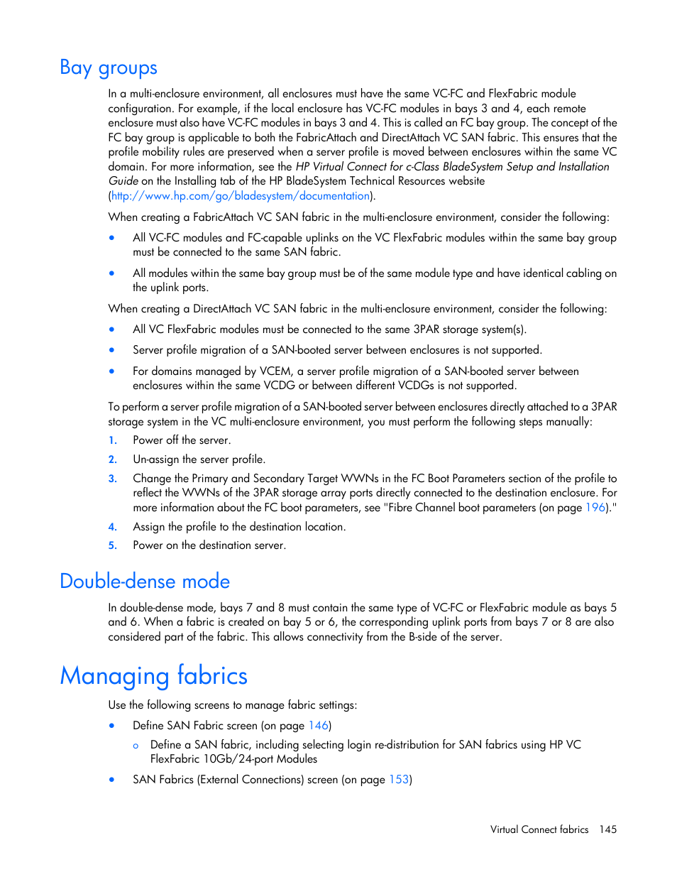 Bay groups, Double-dense mode, Managing fabrics | HP Virtual Connect 4Gb Fibre Channel Module for c-Class BladeSystem User Manual | Page 145 / 308