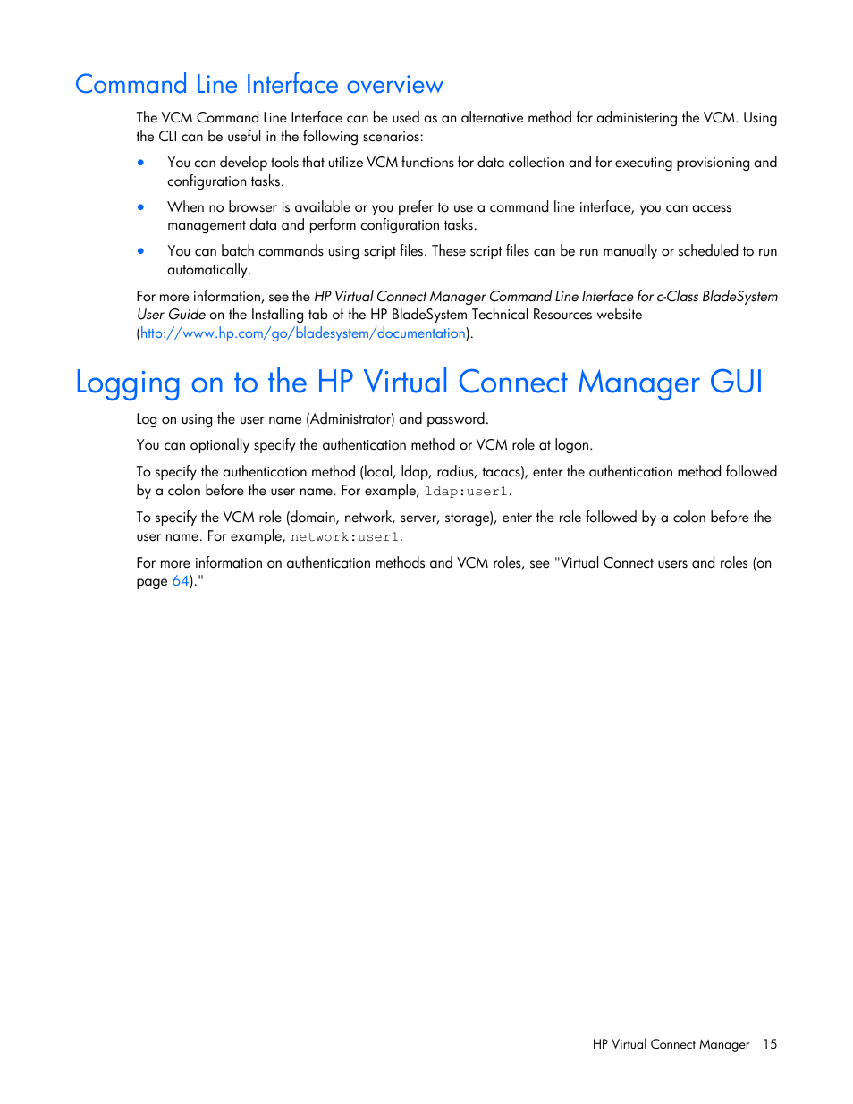 Command line interface overview, Logging on to the hp virtual connect manager gui | HP Virtual Connect 4Gb Fibre Channel Module for c-Class BladeSystem User Manual | Page 15 / 308