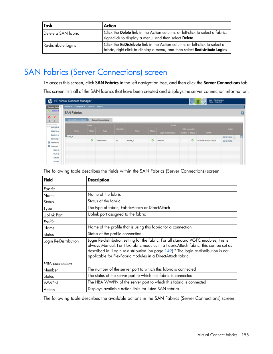 San fabrics (server connections) screen | HP Virtual Connect 4Gb Fibre Channel Module for c-Class BladeSystem User Manual | Page 155 / 308