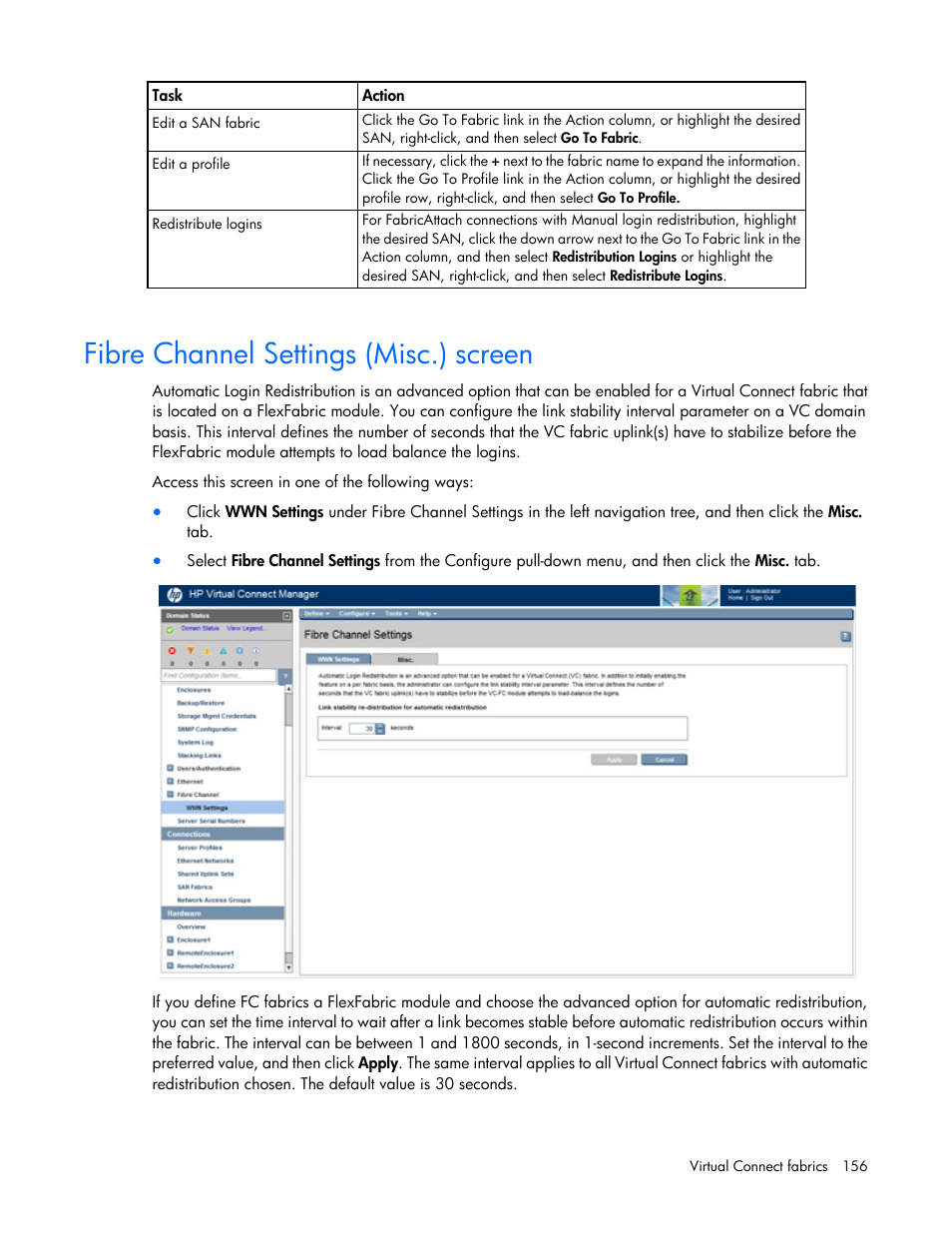 Fibre channel settings (misc.) screen | HP Virtual Connect 4Gb Fibre Channel Module for c-Class BladeSystem User Manual | Page 156 / 308