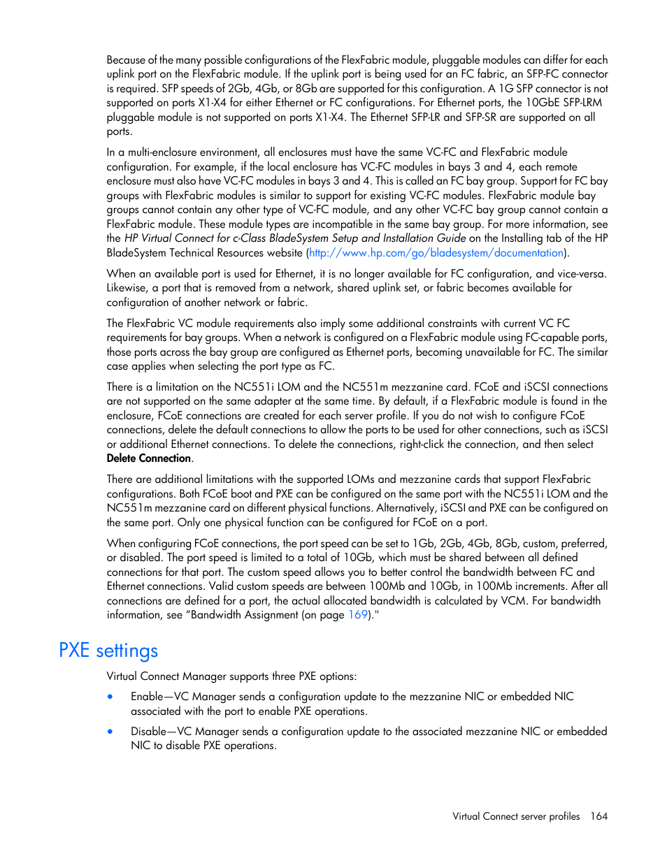 Pxe settings | HP Virtual Connect 4Gb Fibre Channel Module for c-Class BladeSystem User Manual | Page 164 / 308