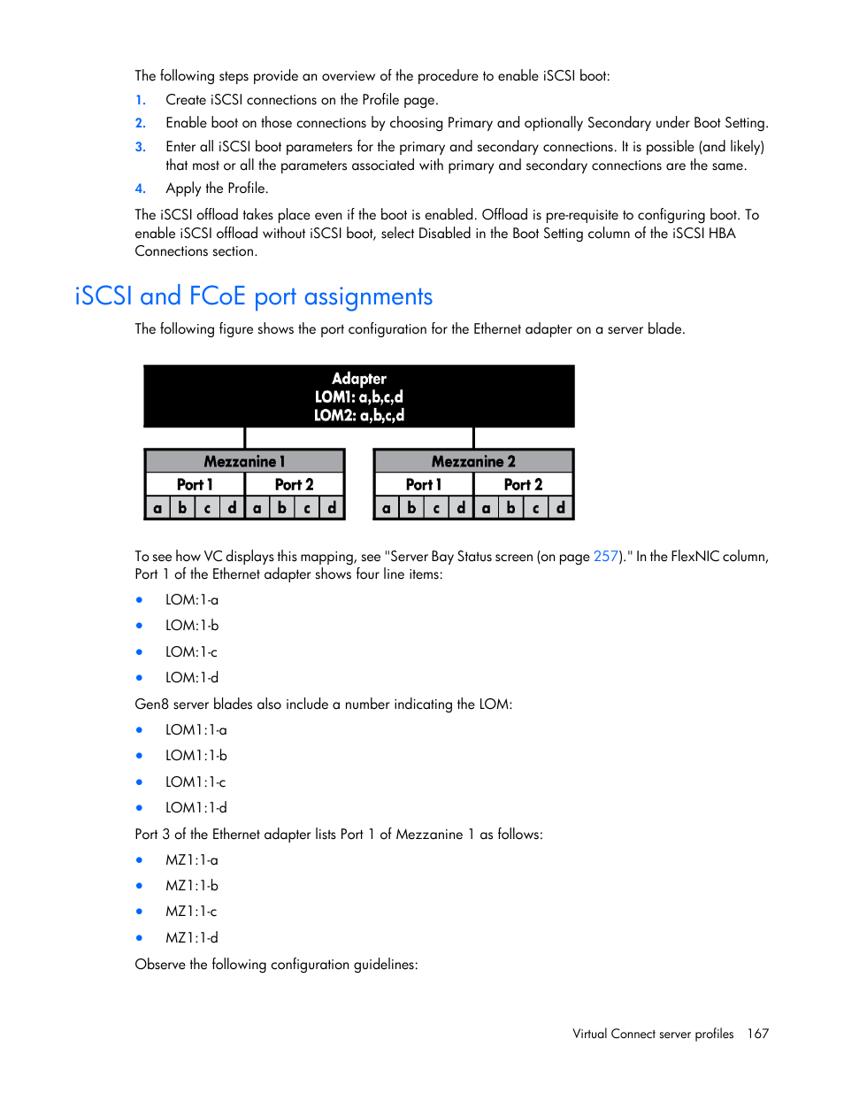 Iscsi and fcoe port assignments | HP Virtual Connect 4Gb Fibre Channel Module for c-Class BladeSystem User Manual | Page 167 / 308